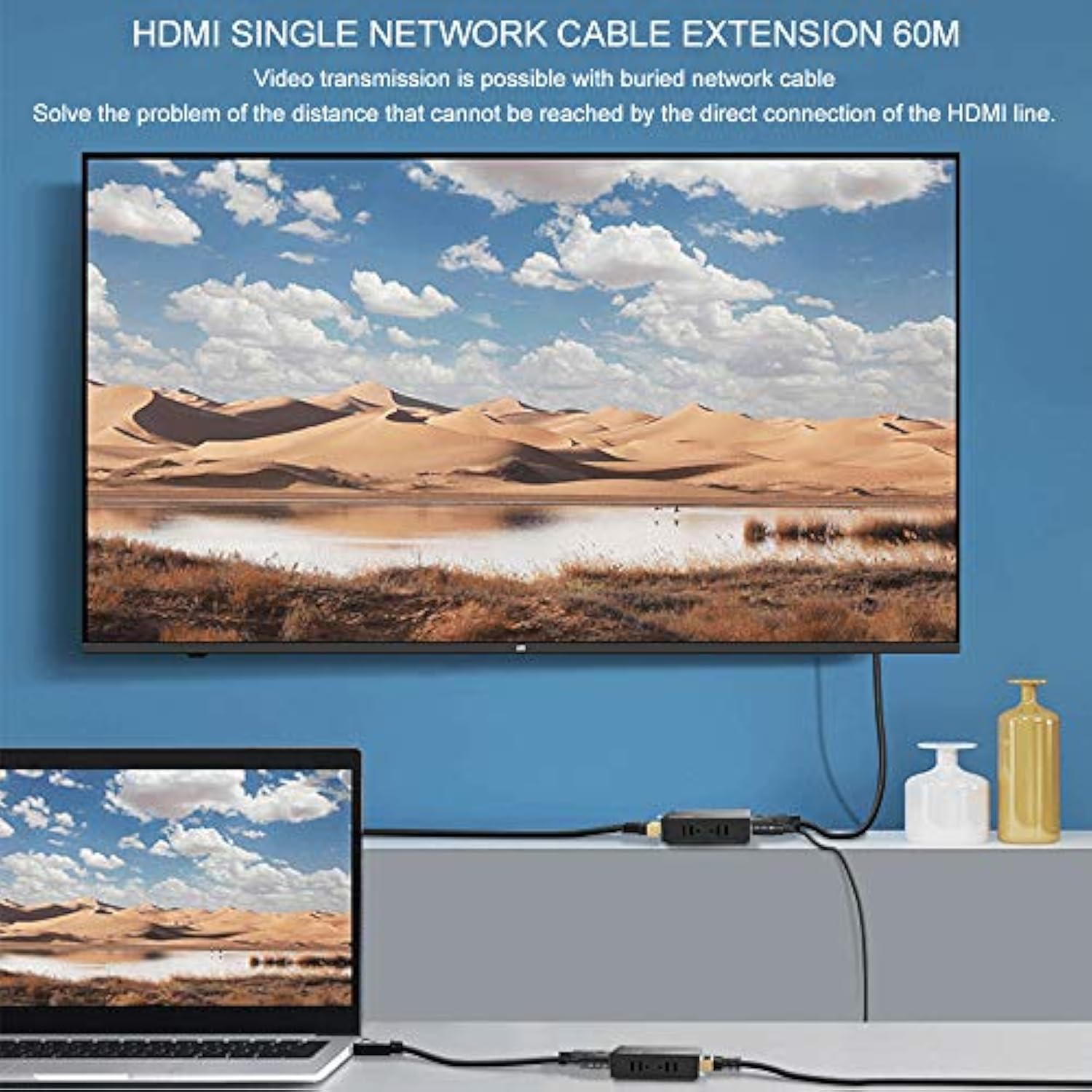 Hdmi Extender Over Cat5E/6 1080P, Hdmi Over Ethernet Extender 196Ft/60M, Hdmi