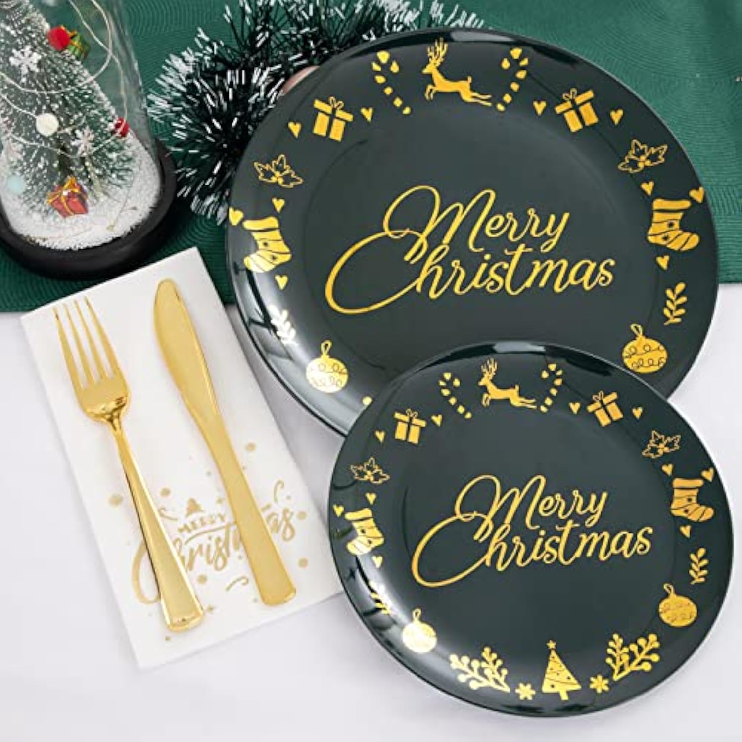 175Pieces Christmas Plastic Plates - Green Plastic Plates And Napkins Include 25Dinner Plate 25Dessert Plate 25Knives 25Forks 25Spoons 25Cups 25Napkins For Christmas
