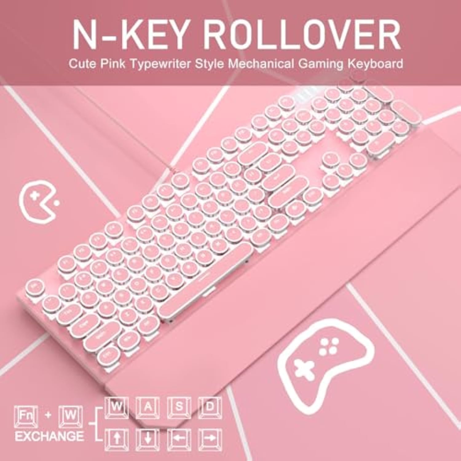 Typewriter Style Mechanical Gaming Keyboard, Pink Retro Punk Gaming Keyboard With White Backlit, 104 Keys Blue Switch Wired Cute Keyboards, Round Keycaps For Windows/Mac/Pc