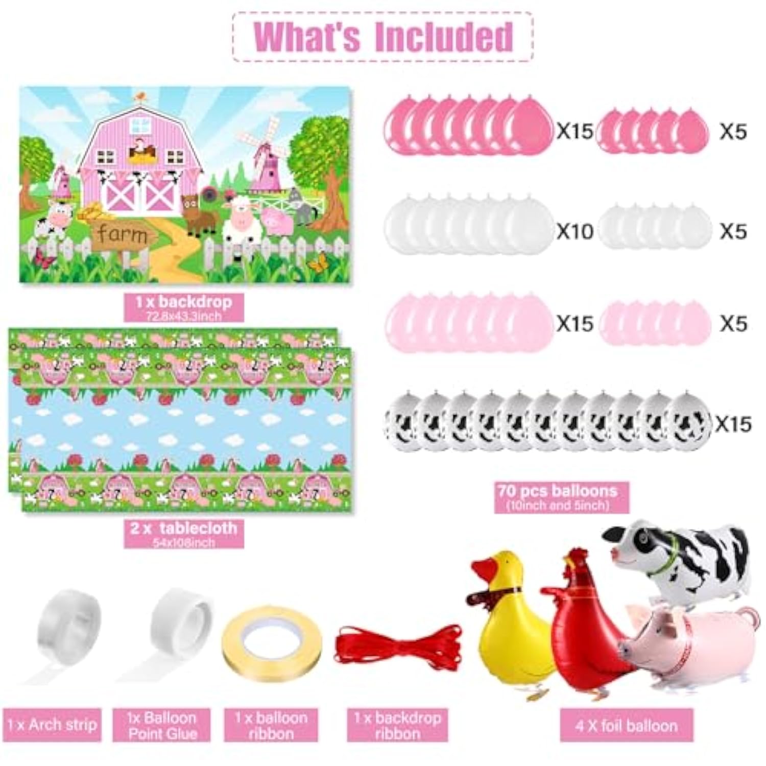 Farm Animals Theme Party Decorations Farm Barn Backdrop Banner Farmhouse Animals Decor Tablecloth Balloon Arch Garland Kit For Birthday Photography Baby Shower Party Supplies(Pink)