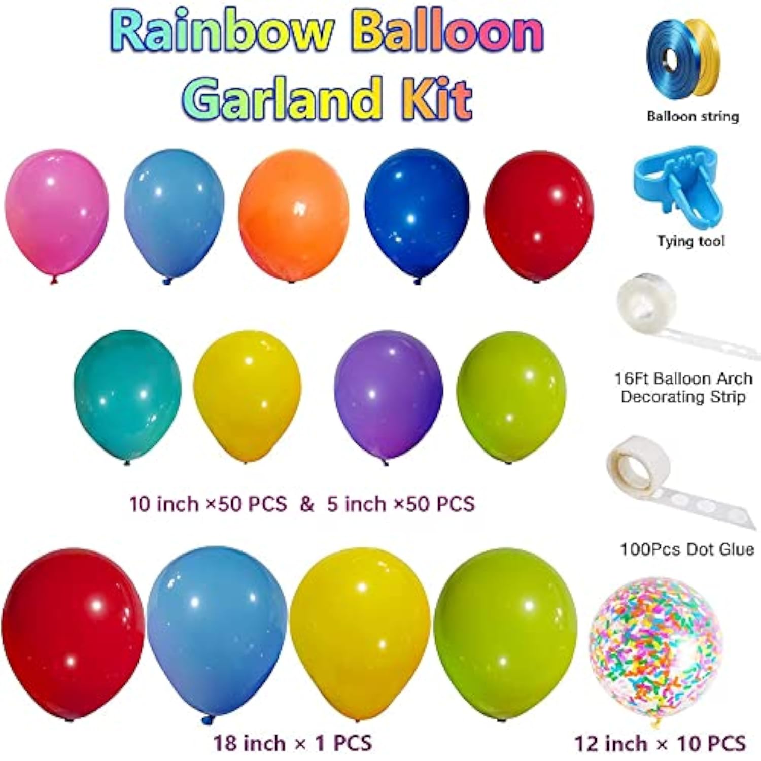 114pcs Rainbow Balloon Arch Kit, Multicolor Latex  Confetti Balloons for Party