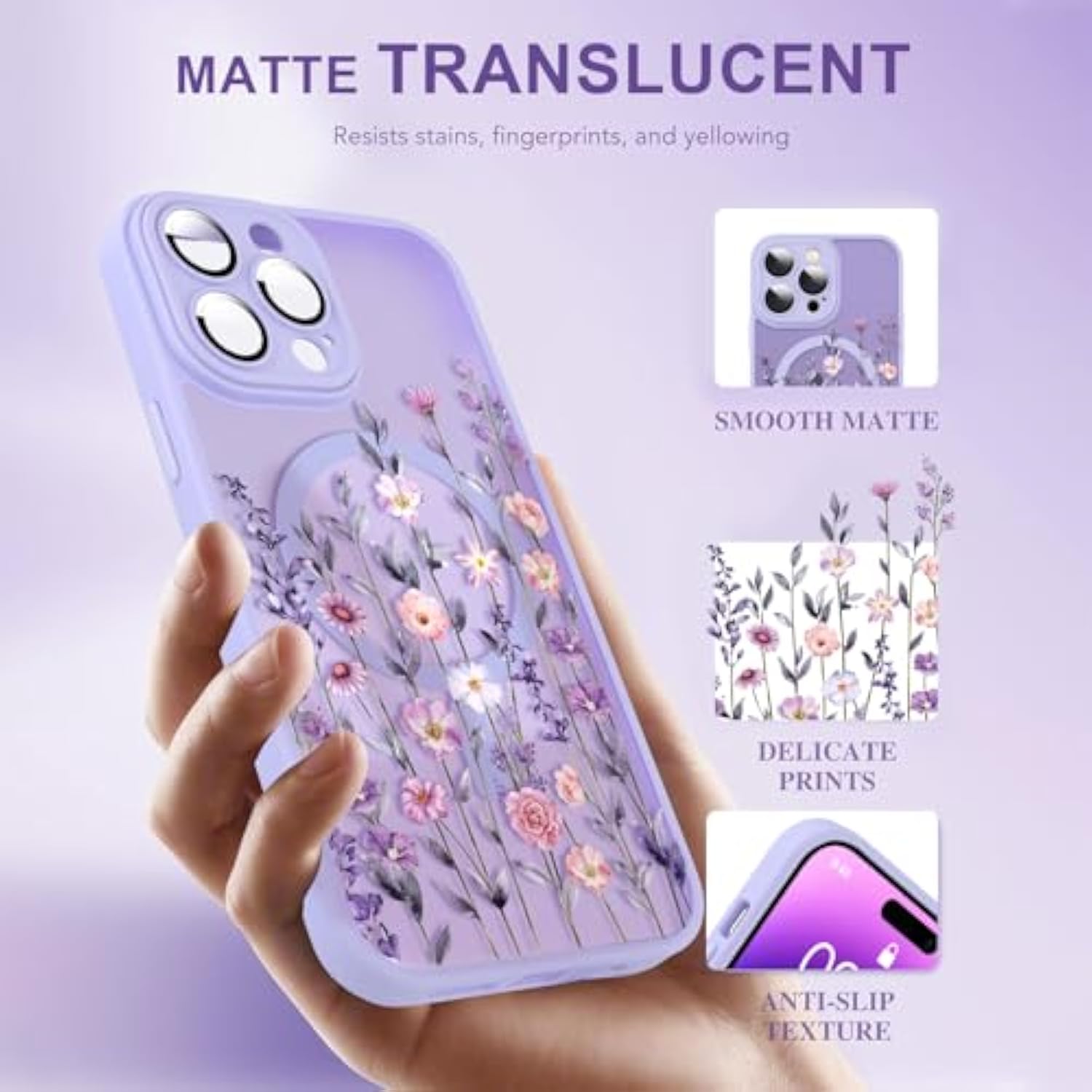 Upgraded Magnetic For Iphone 14 Pro Max Case 6.7" With Screen Protector [Compatible With Magsafe] Pretty Flower Floral Pattern Design, Shockproof Cover For Women Girls, Purple