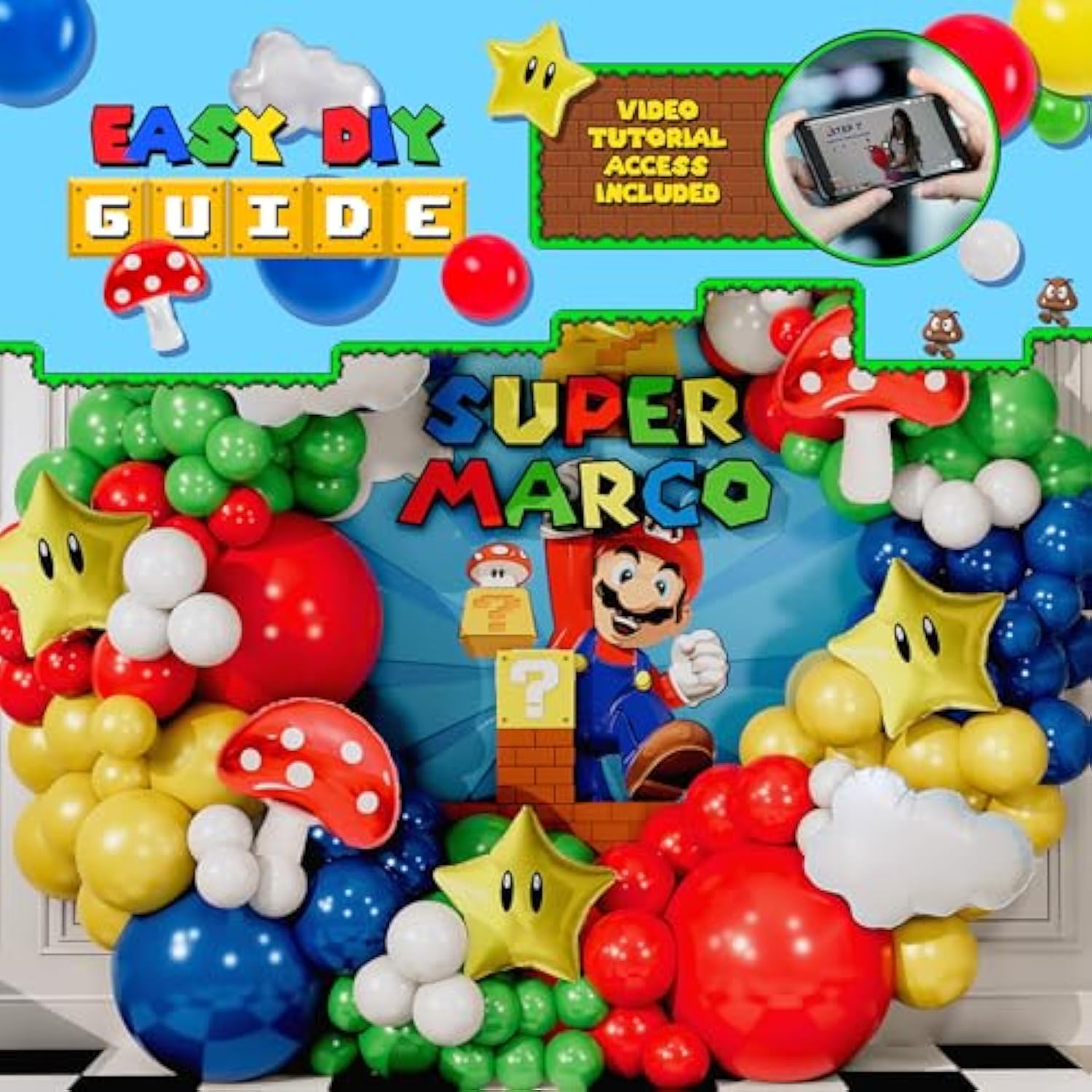 All-In-1 Super Adventure Balloon Arch Kit With Bonus Mushroom, Cloud & Star Balloons For Bros Party Decorations - Red Blue Green Yellow Balloons For Video Game Birthday Decoration & Party Supplies