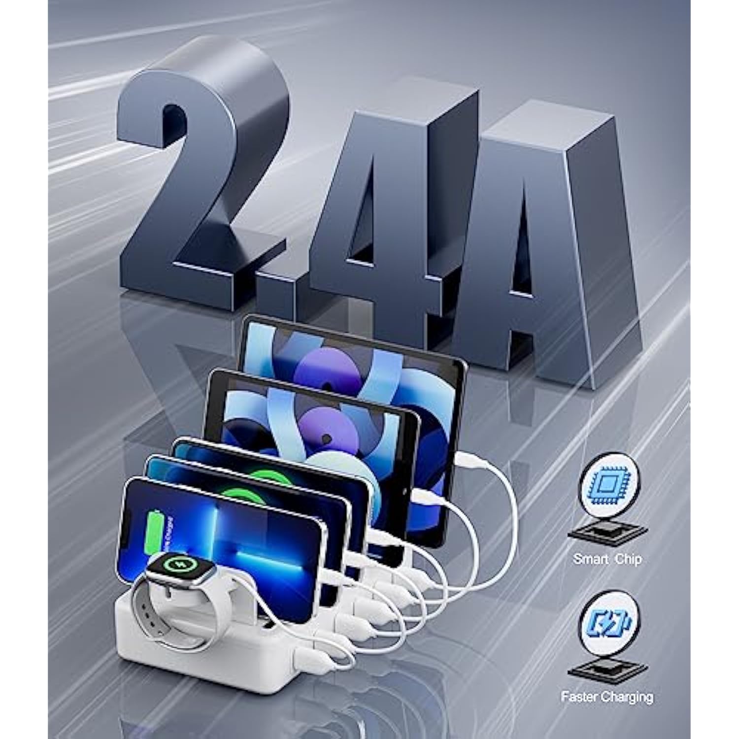 Charging Station For Multiple Devices, 6 Port 50W Fast Multi Charger Station Charging Dock With 6 Mixed Charging Cables For Iphone, Ipad, Kindle, Tablet, Cellphone And Others