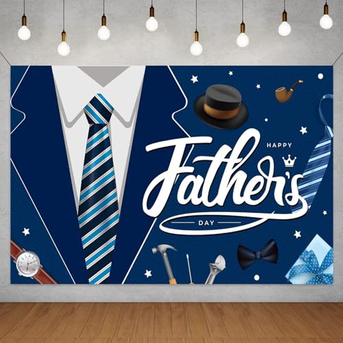 Father's Day Backdrop, Happy Fathers Day Decorations Navy Blue Suit Tie Banner Background for Dad Party, Father's Day Banner for Fathers Day Decorations, 71 x 43 Inch
