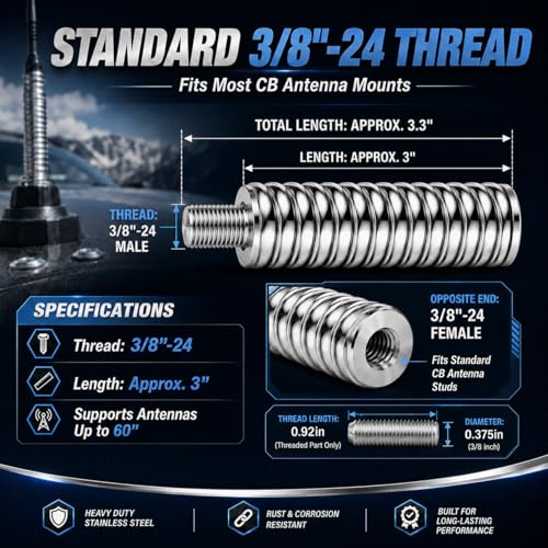 SS-3H CB Antenna Spring Mount Heavy Duty Stainless Steel CB Springs (2PCS) fit Mobile/in-Vehicle CB Radio Antenna Mount up to 60" Long and 3/8", 24