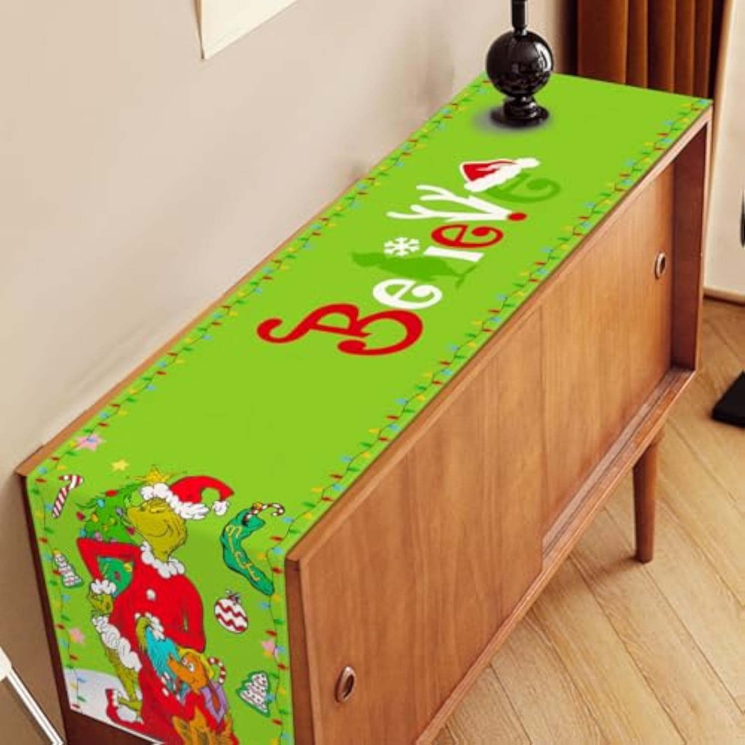 Merry Christmas Table Runner Xmas Winter Holiday Believe Theme Party Decoration Green Elf Home Kitchen Dining Room Decor 72Inches Long