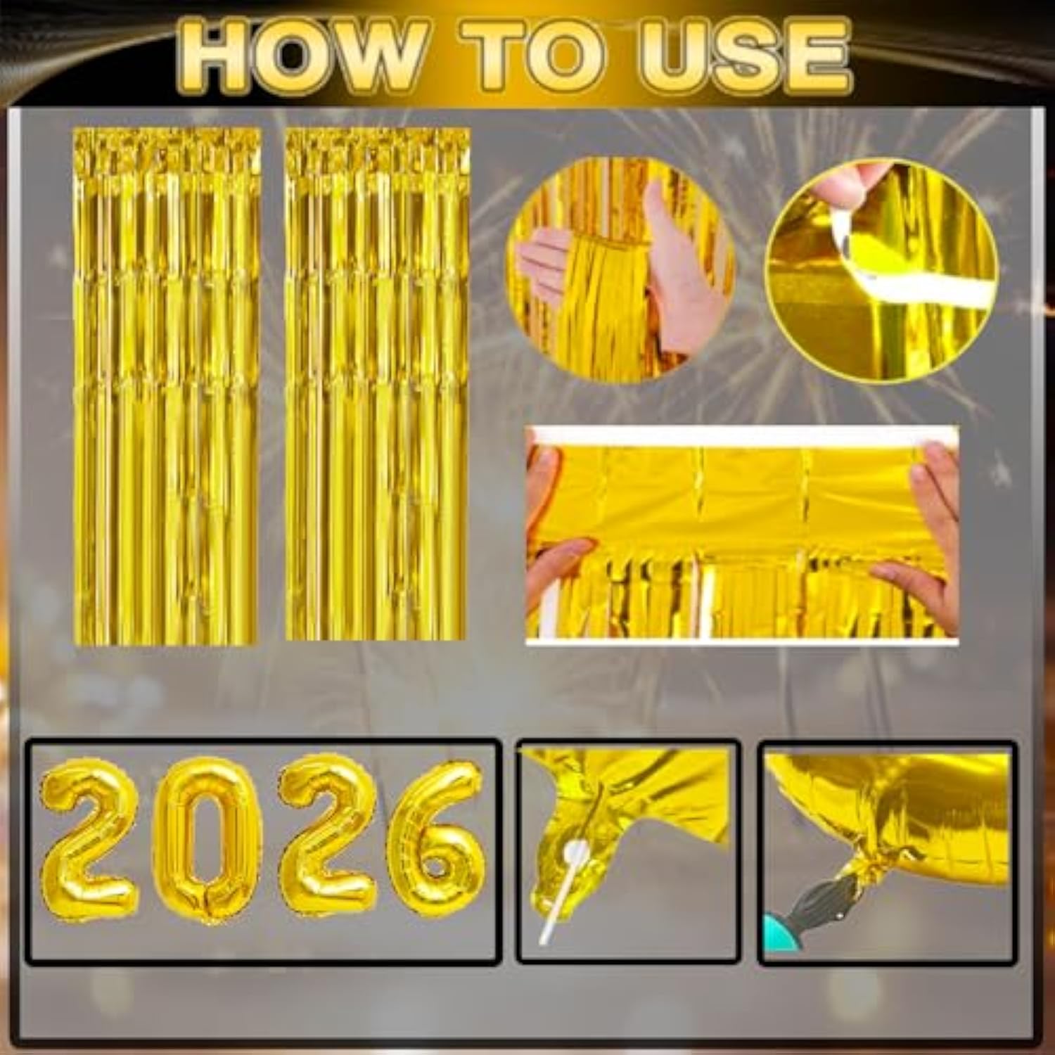 New Year 2026 Party Supplies Gold Black Balloons Banner Backdrop Set