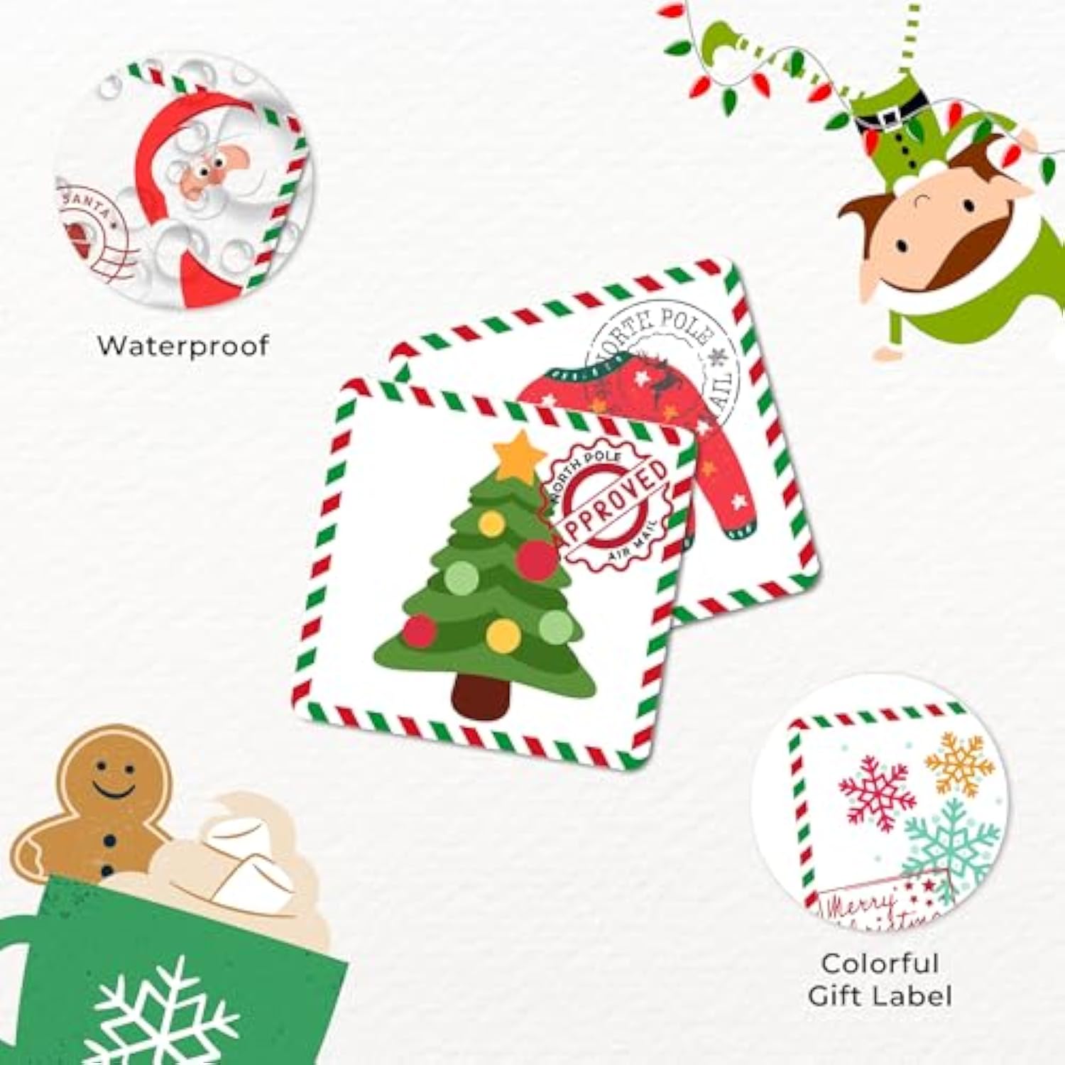 Christmas Stamp Stickers Modern Colorful Design | 1.4 Inch | Waterproof | 135-Pack | From Santa Labels, Christmas Labels