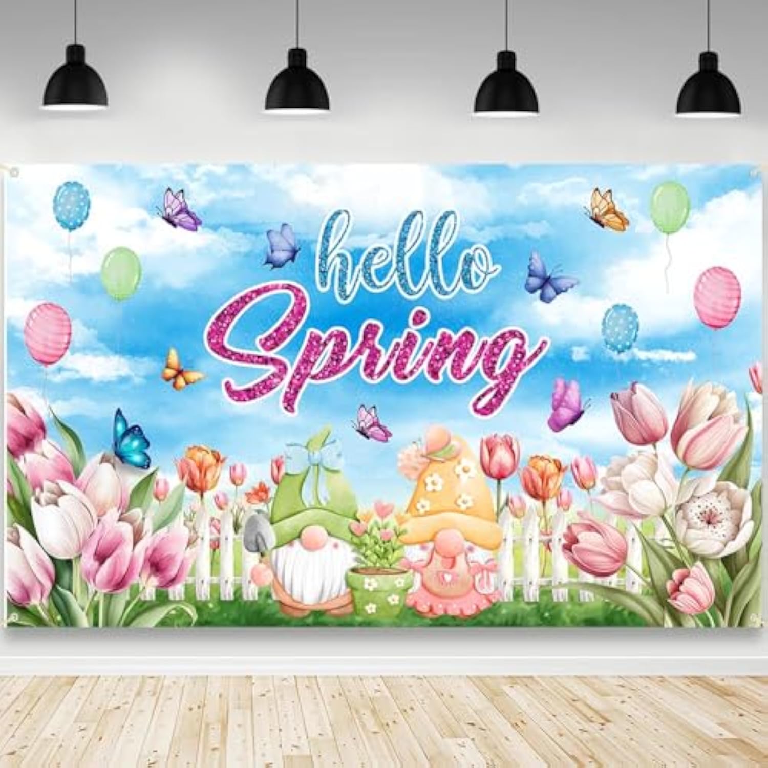 Hello Spring Backdrop Butterfly Flowers Balloon Photography Background Easter Spring Party Decorations Banner Photo Props 70.8 X 43.3 Inch