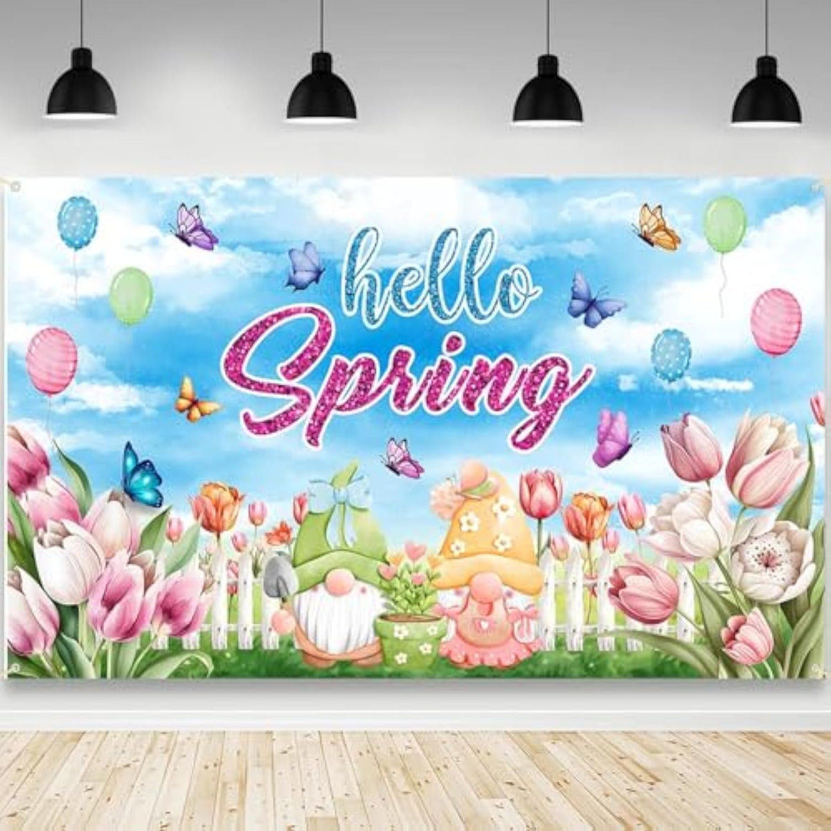 Hello Spring Backdrop Butterfly Flowers Balloon Photography Background Easter Spring Party Decorations Banner Photo Props 70.8 X 43.3 Inch