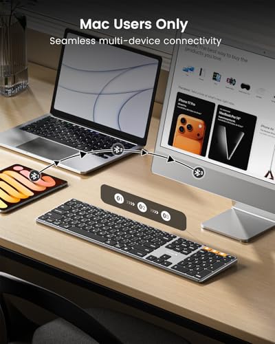 Backlit Wireless Keyboard For Mac, K110-A Aluminum Full Size Ultra Slim Bluetooth Keyboard For Ipad, Multi-Device, Low Profile, Rechargeable, For Macbook Pro/Air, Imac, Mac Mini, Space Gray