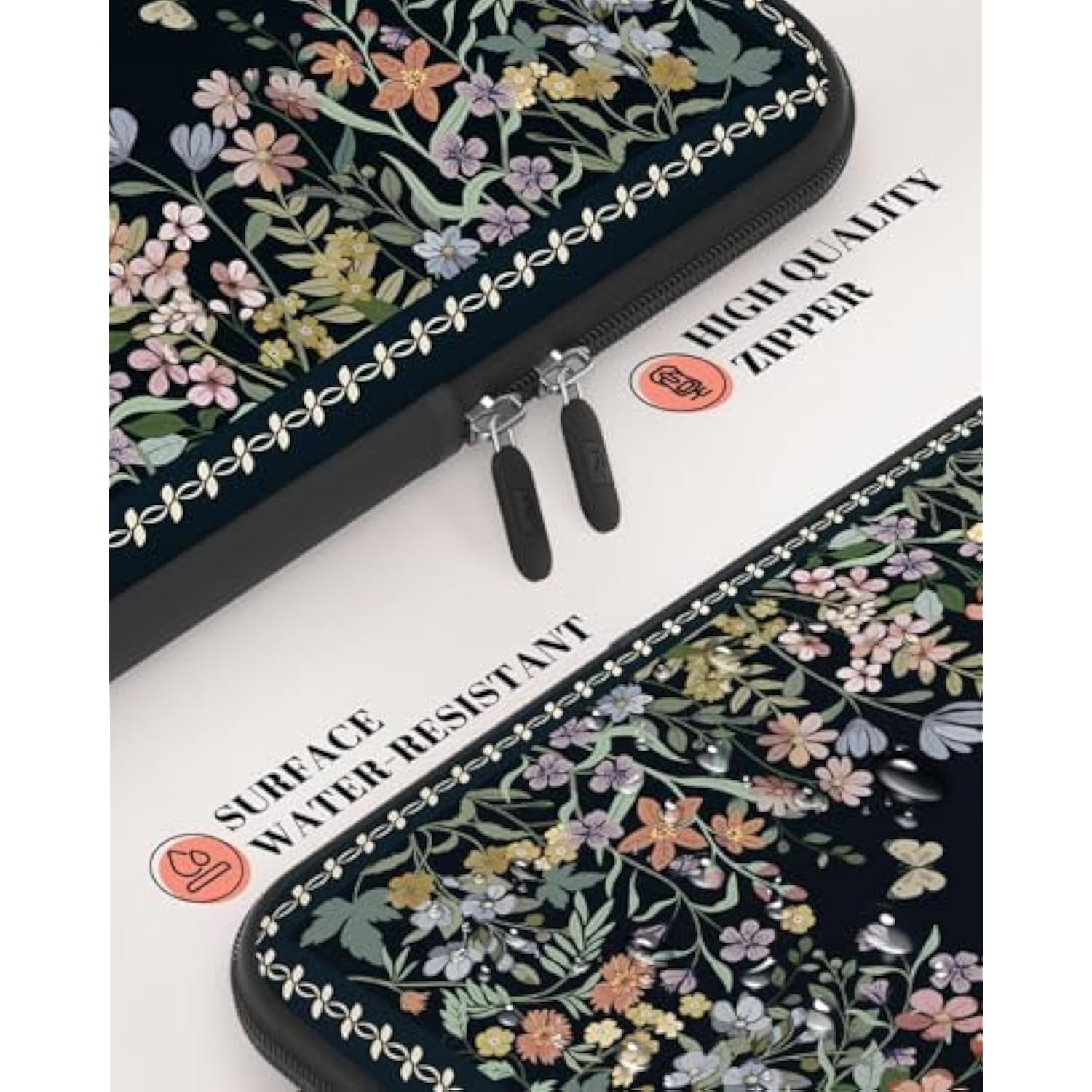 Floral Laptop Sleeve 13 Inch, Compatible With Macbook Air Pro 13-14 Inch, Slim Protective Laptop Case For Chromebook, Hp, Dell, 14 Inch Sleeve For Women Girls (Black)