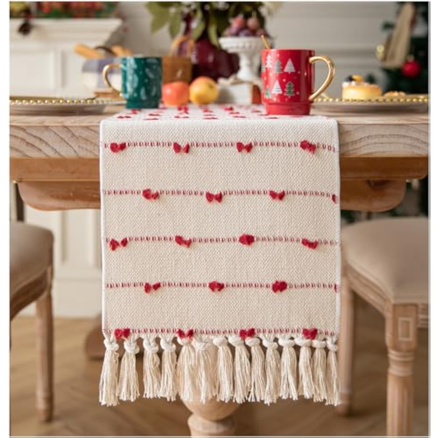 Christmas Table Runner 72 Inchs Long For Modern Farmhouse Room Home Christmas Decorations, Boho Red Table Runner, Natural Cotton Woven With Tassels For Holiday Kitchen And Dining Table Decor