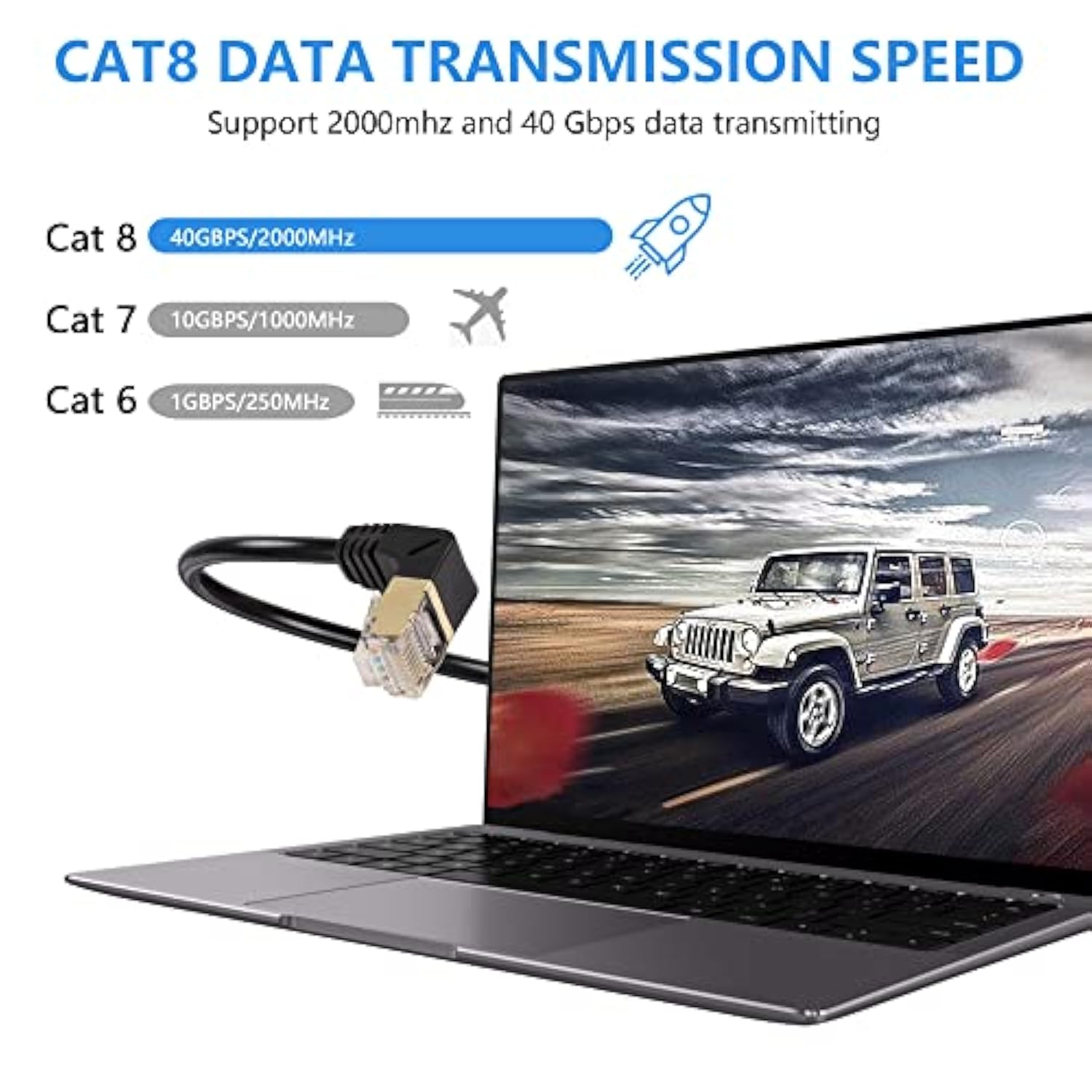 90 Degree Down Angle Cat8 Ethernet Cable, High Speed 40Gbps 2000Mhz Network Co