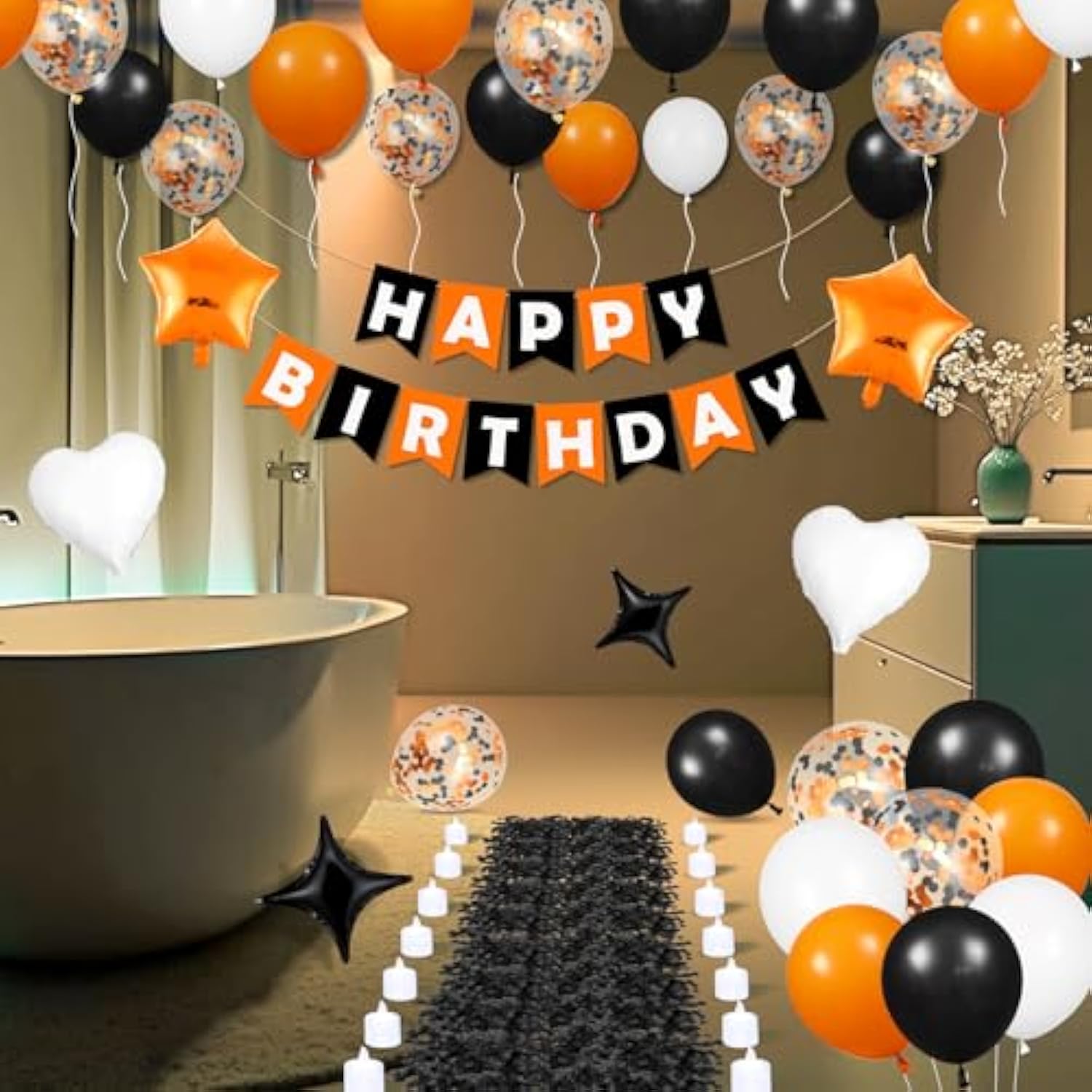 Orange Black White Halloween Birthday Balloons Banner with Stars Roses & Candles