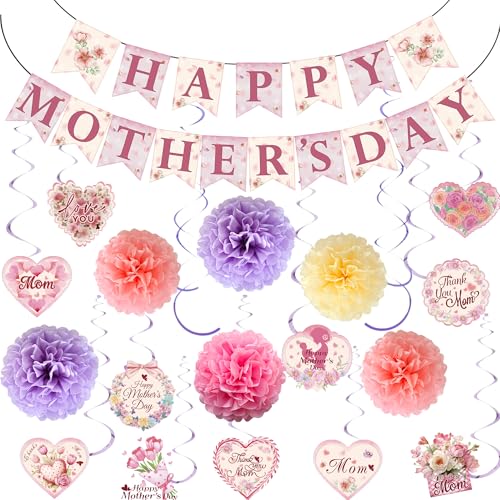 Mother's Day Decorations Set - Happy Mother's Day Banner, 6PCS Paper Pom Poms, 13Pcs Hanging Swirls with Best Mom Cardstock Cutouts - Floral Pink Party Supplies for Home, Mantle, Wall Decor