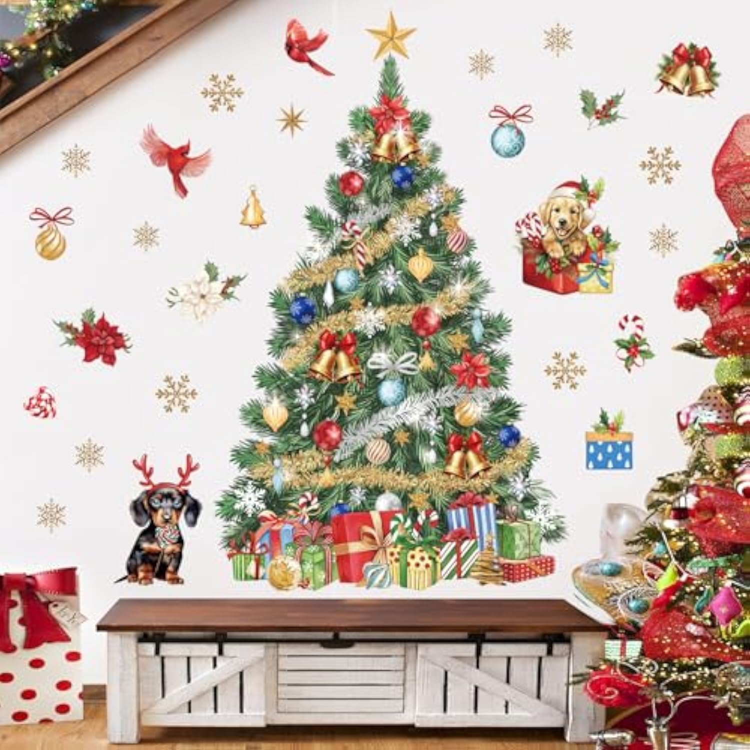 Large Christmas Tree Wall Stickers Evergreen Tree Christmas Flowers Dogs Cardinal Birds Window Wall Art Decals For Christmas Party Window Xmas Home Party