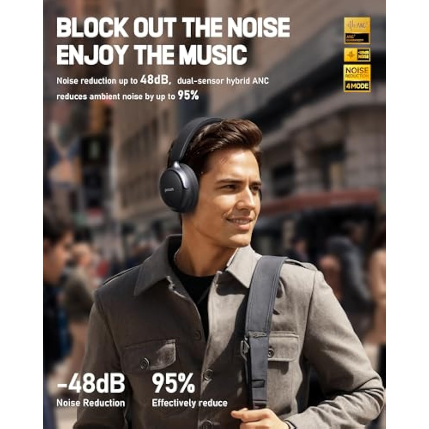 Picun NC60 Hybrid Active Noise Cancelling Headphones, Foldable Wireless Over Ear Bluetooth 5.4 Headphones, 80H Playtime, Transparency Mode, Stereo Bass, Custom EQ via App for Travel Home Black