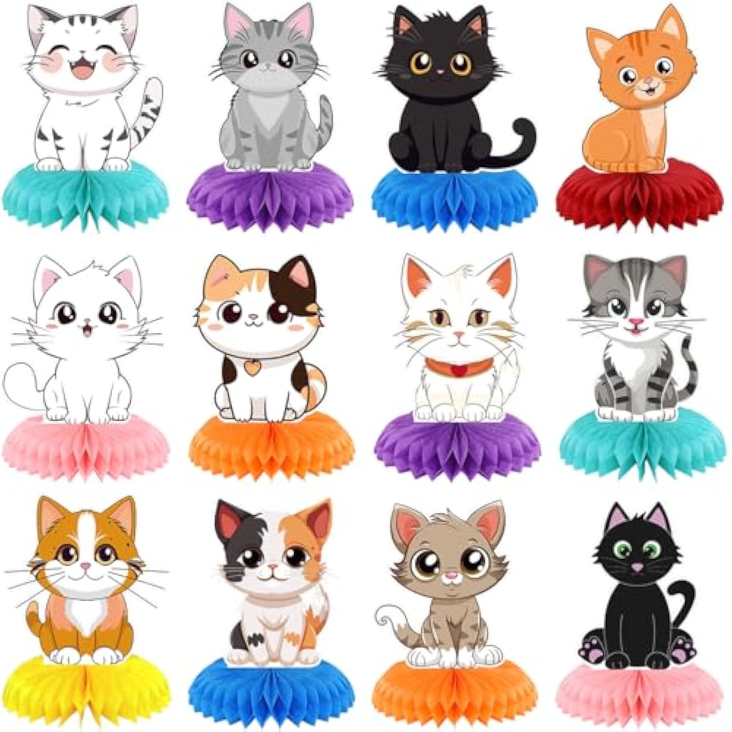 12 Pcs Cat Birthday Party Decoration Honeycomb Centerpieces Kitten Table Centerpieces Cats Table Topper 3D Double Sided Kitten Decoration For Birthday Pet Theme Party Favors Supplies