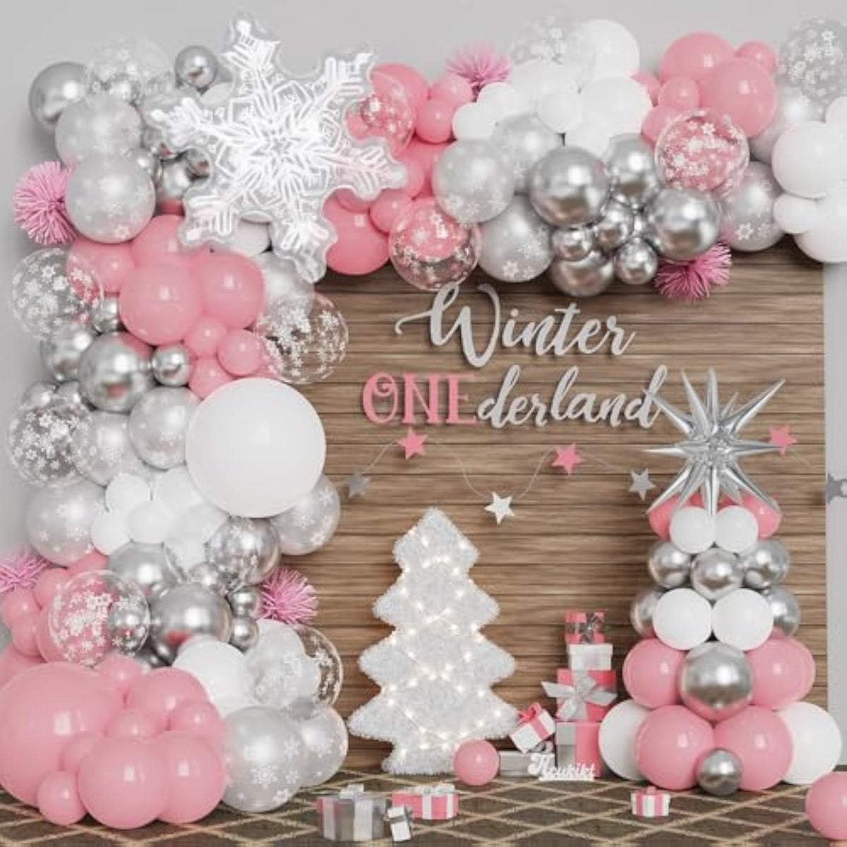 Pink Winter Wonderland Balloon Garland Arch Kit Pink White Metallic Silver With Large Snowflake Balloon For Christmas Princess Girl A Little Snowflake Is On The Way Baby Shower Birthday Party Decor