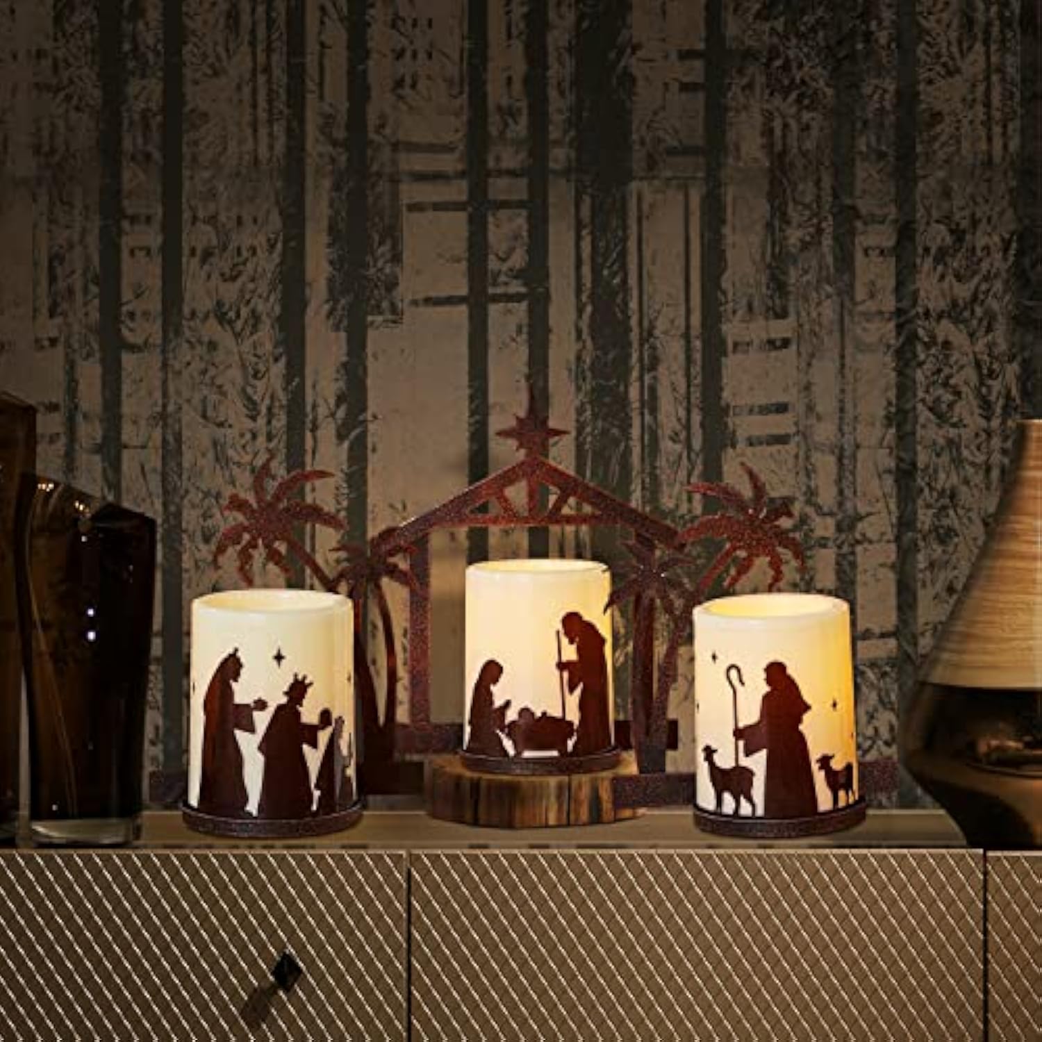 Holiday Nativity Candleholders Christmas Season - A Set Of 3 Flameless Christmas Nativity Scene Candles, Holiday Home Decor Accents