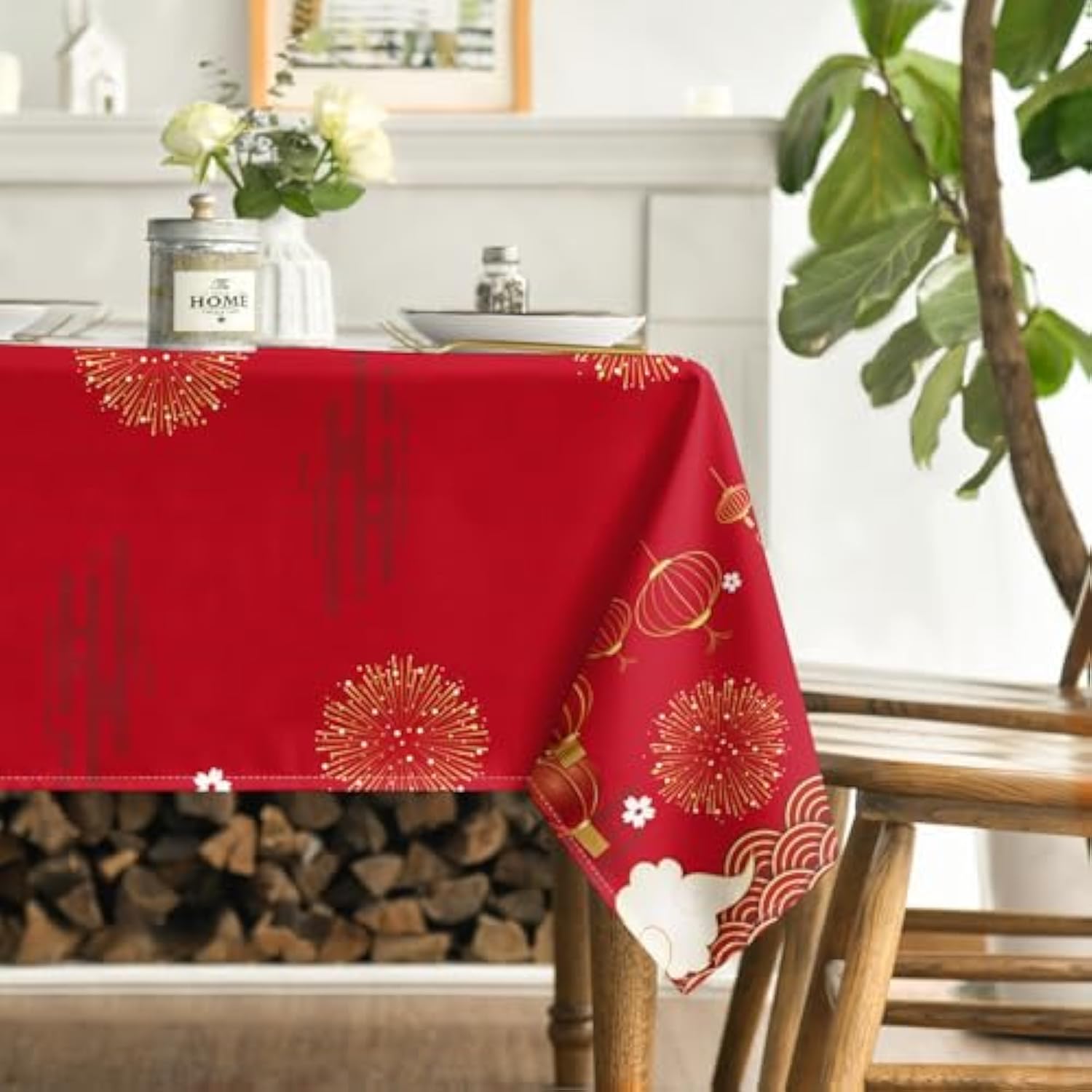 New Year Tablecloth 60x84in Red Lion Dance Lantern Washable Party Cover