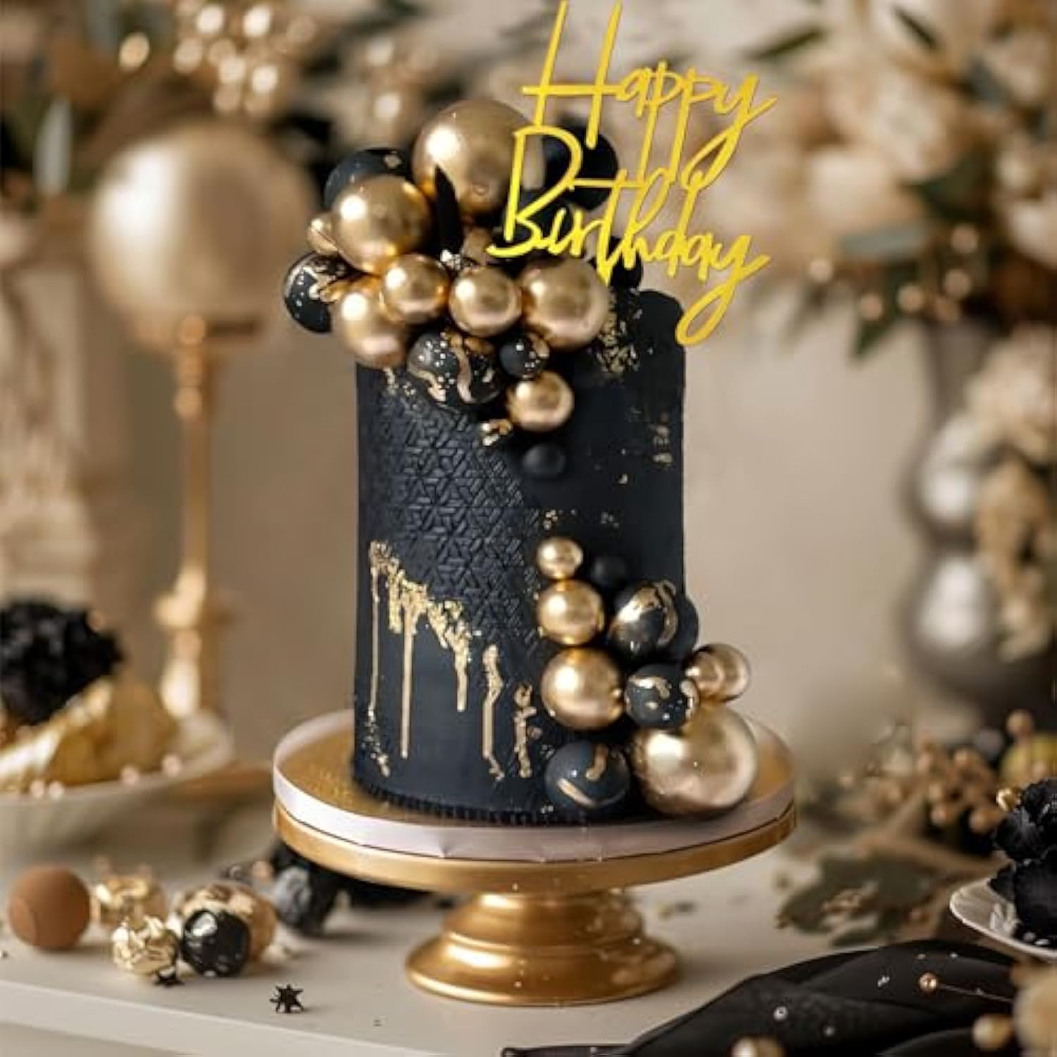 75 Pcs Black And Gold Cake Decorations Balls Happy Birthday Insert Cards For Diy Cake Decoration Baby Shower Wedding Birthday Party