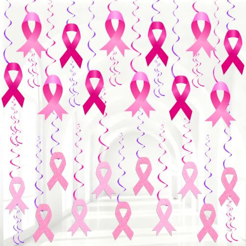 56Pcs Breast Cancer Awareness Decorations Glitter Pink Ribbon Hanging Swirl