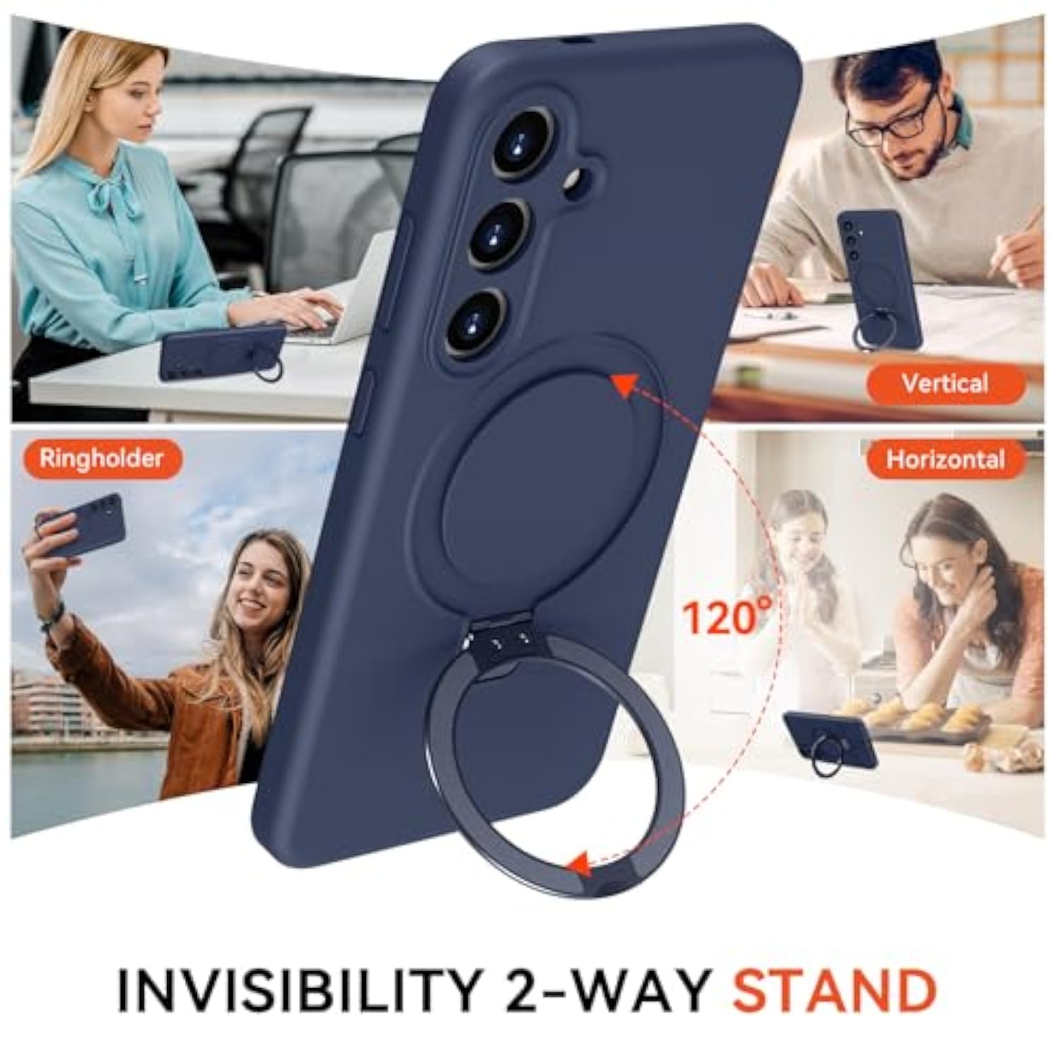 For Samsung Galaxy S25+/ S25 Plus Case With Stand, Slim Liquid Silicone Phone Cases For Galaxy S25 Plus Compatible With Magsafe Magnetic Ring Kickstand Case Full Camera Protection, Dark Blue