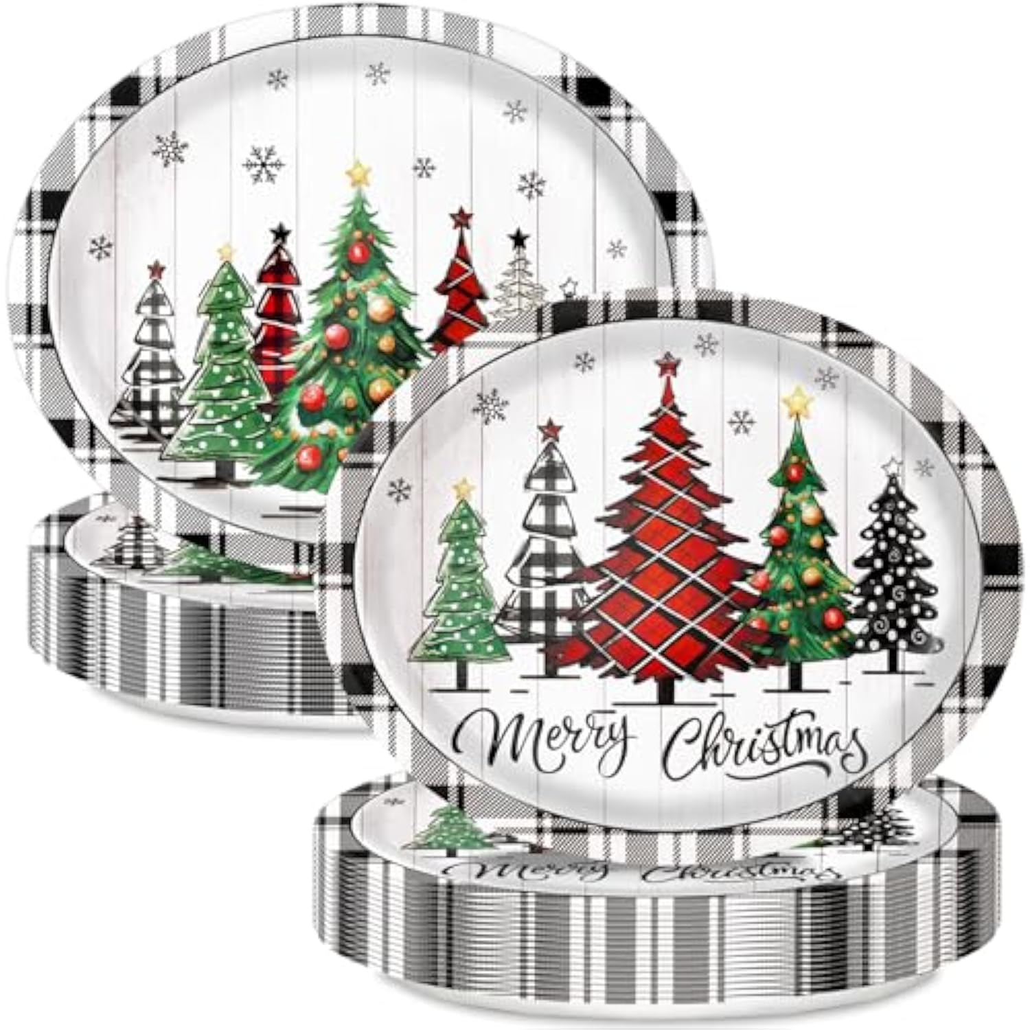 30pcs Christmas Oval Paper Plates 9x11in Buffalo Plaid Holiday Decor