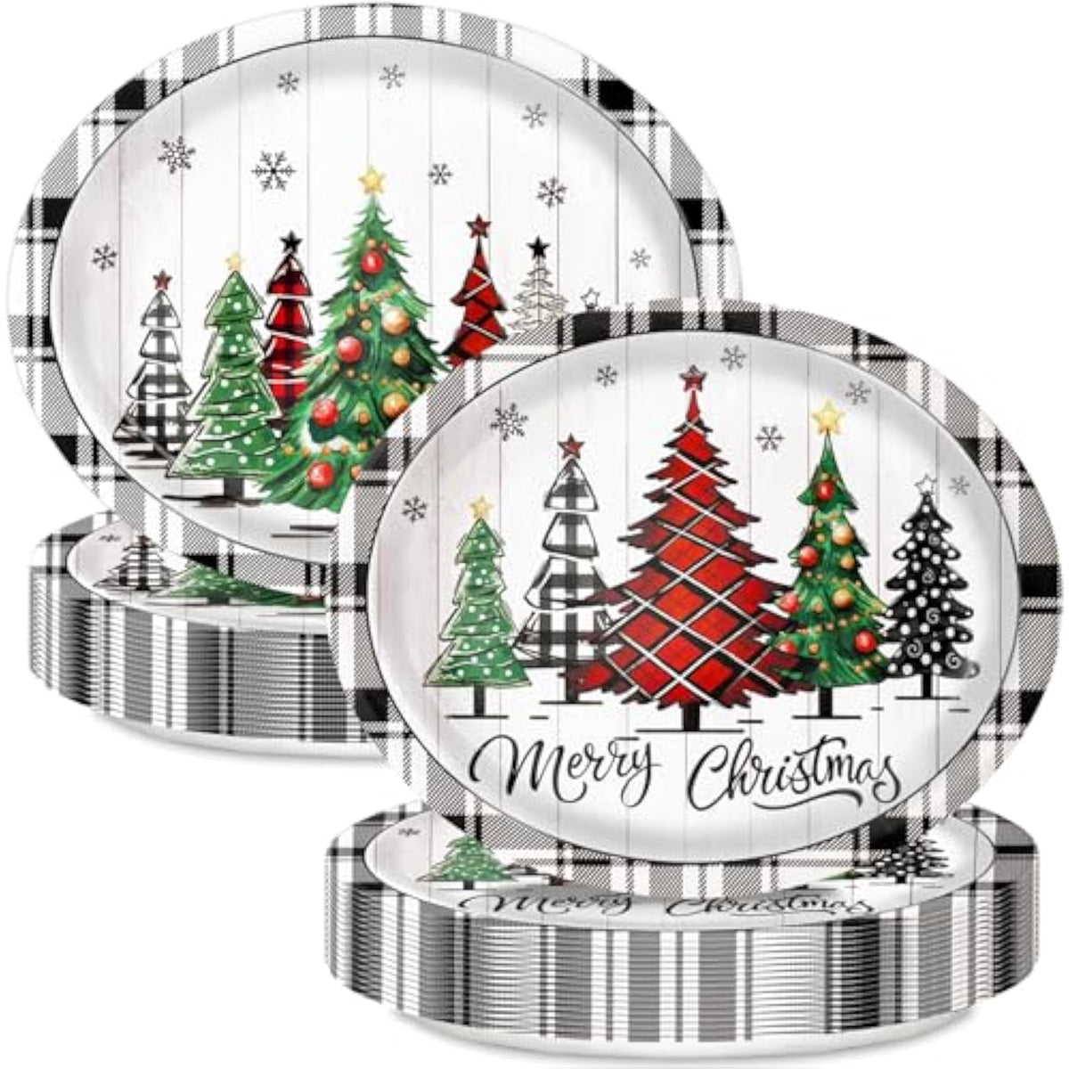 30pcs Christmas Oval Paper Plates 9x11in Buffalo Plaid Holiday Decor