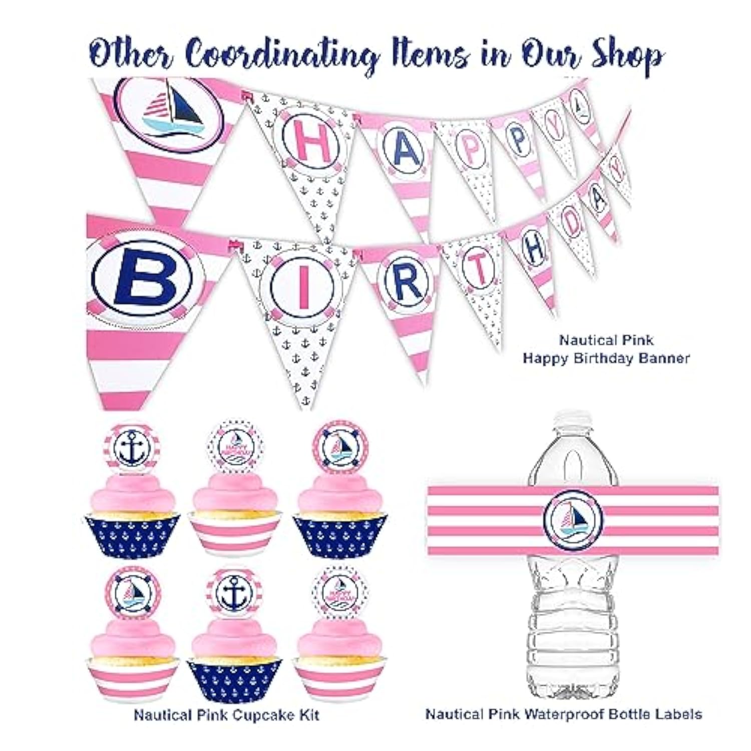 Nautical Pink Happy Birthday Banner Pennant - Sailboat Party Banner - Made In The Usa
