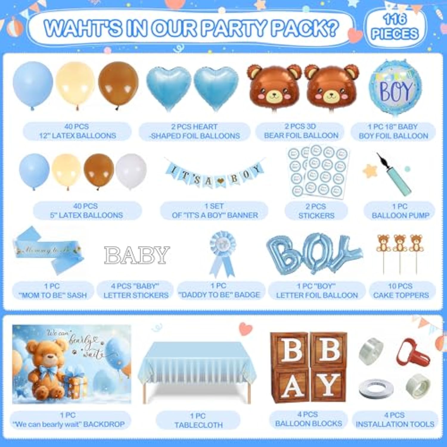 Party Spot?Bear Baby Shower Decorations Boy,80 Pcs Balloons,4 Wood Grain Blocks With Letter,"We Can Bearly Wait" Backdrop,Banner,Tablecloth,Balloon Pump, Blue Brown Bear Theme