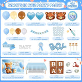 Party Spot?Bear Baby Shower Decorations Boy,80 Pcs Balloons,4 Wood Grain Blocks With Letter,"We Can Bearly Wait" Backdrop,Banner,Tablecloth,Balloon Pump, Blue Brown Bear Theme