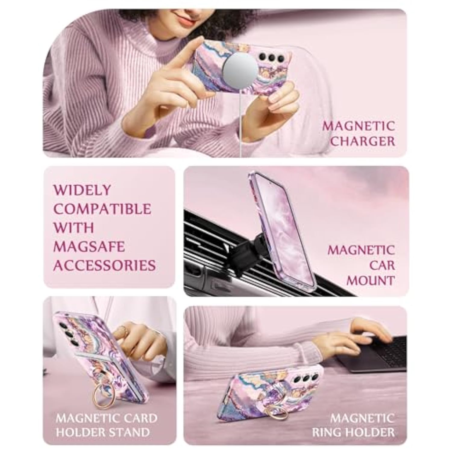 Magnetic For Samsung Galaxy S25 Plus Case [Compatible With Magsafe] [Ai-Tested Dropproof] Marble With Camera Lens+Screen Protector Shockproof Phone Cover For S25+ Plus (Dreamland River/Pink)