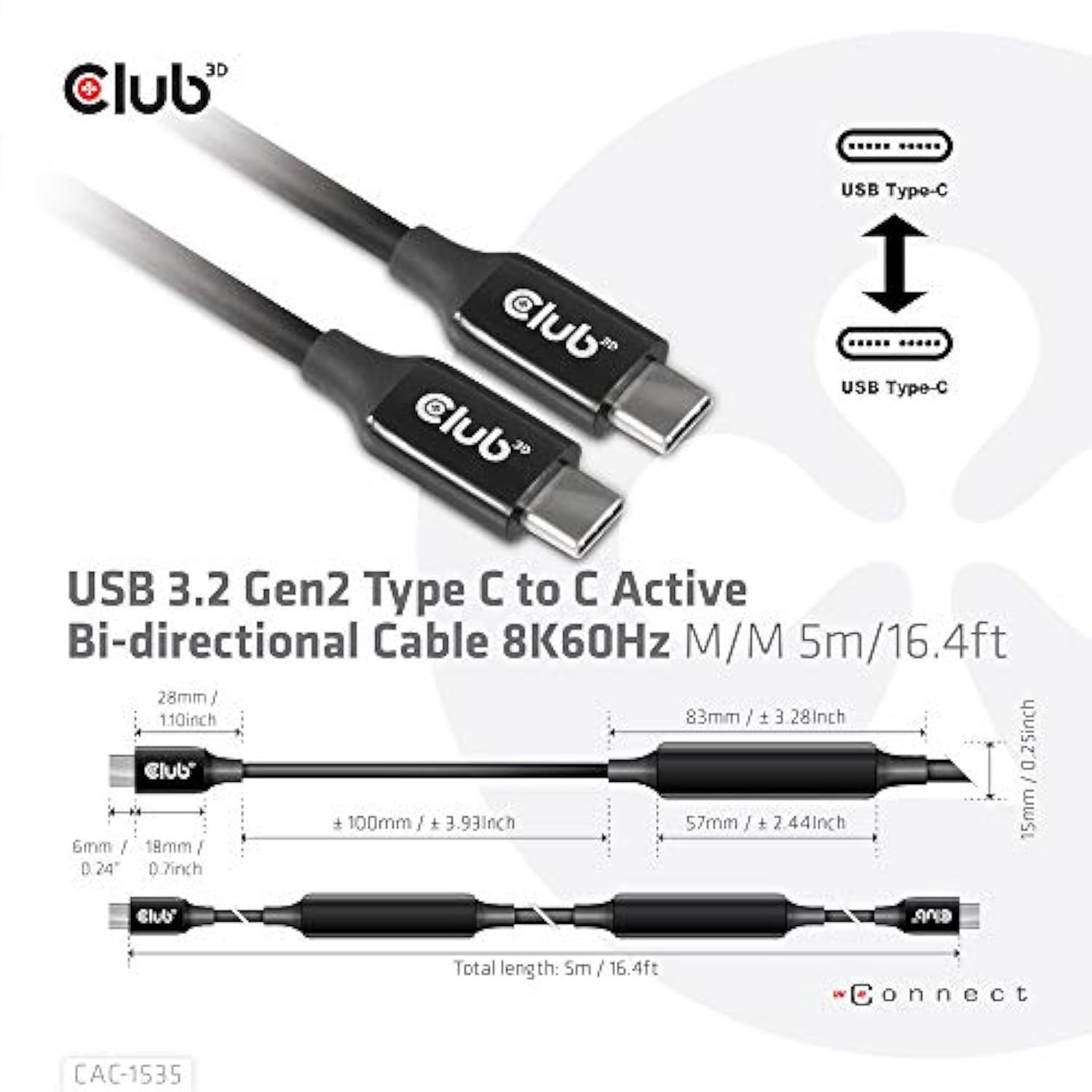 Cac-1535 Usb Gen 2 Type C To Type C Bi-Directional Cable With 60W Charging, 10Gbps Data Transmission And Supports 8K60Hz Video Compatible 5M -16.4Ft
