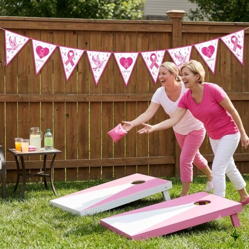 2 Pcs Breast Cancer Awareness Decorations Pink Ribbon Pennant Banner, Hope Strength Support Triangle Bunting Garland for Women Survivor Party Supplies, October Charity Run and Fundraiser Event Decor