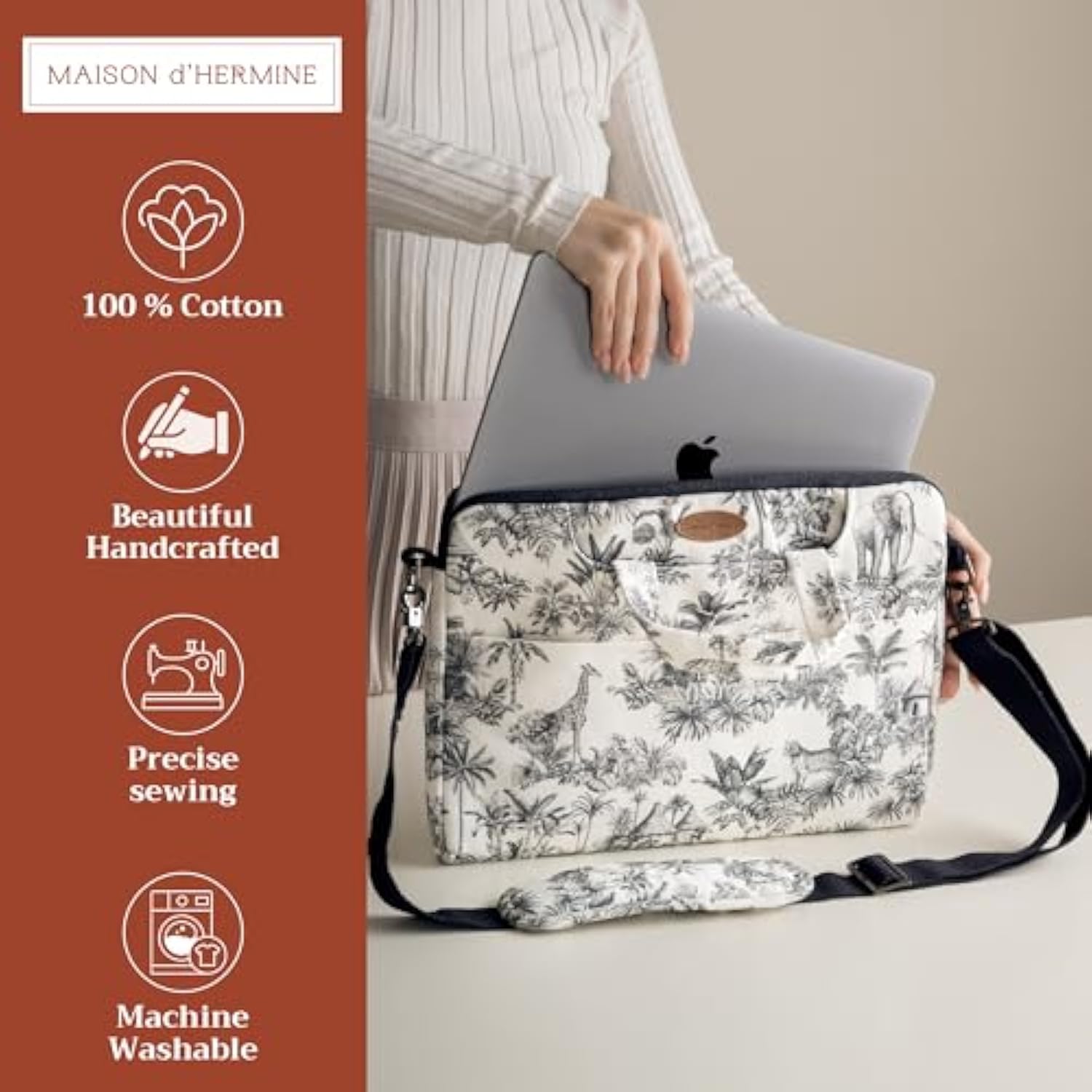 Maison D'Hermine Laptop Sleeve Bag Upto 13.5 Inch Stain And Water Repellent Cotton Canvas - Savana Jouy - Black