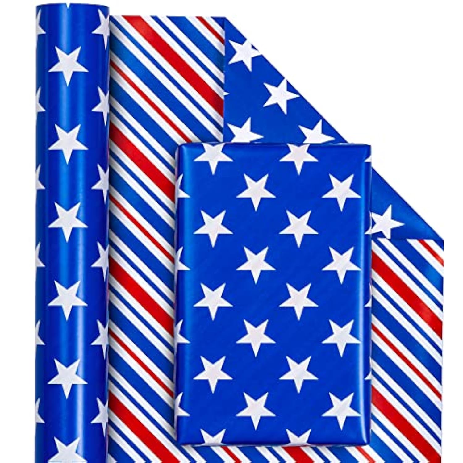 Reversible 4Th Of July Wrapping Paper - Mini Roll - 17 Inch X 33 Feet - Blue Red White Stripe And Star Design, Perfect For Memorial Day, Holiday, Party