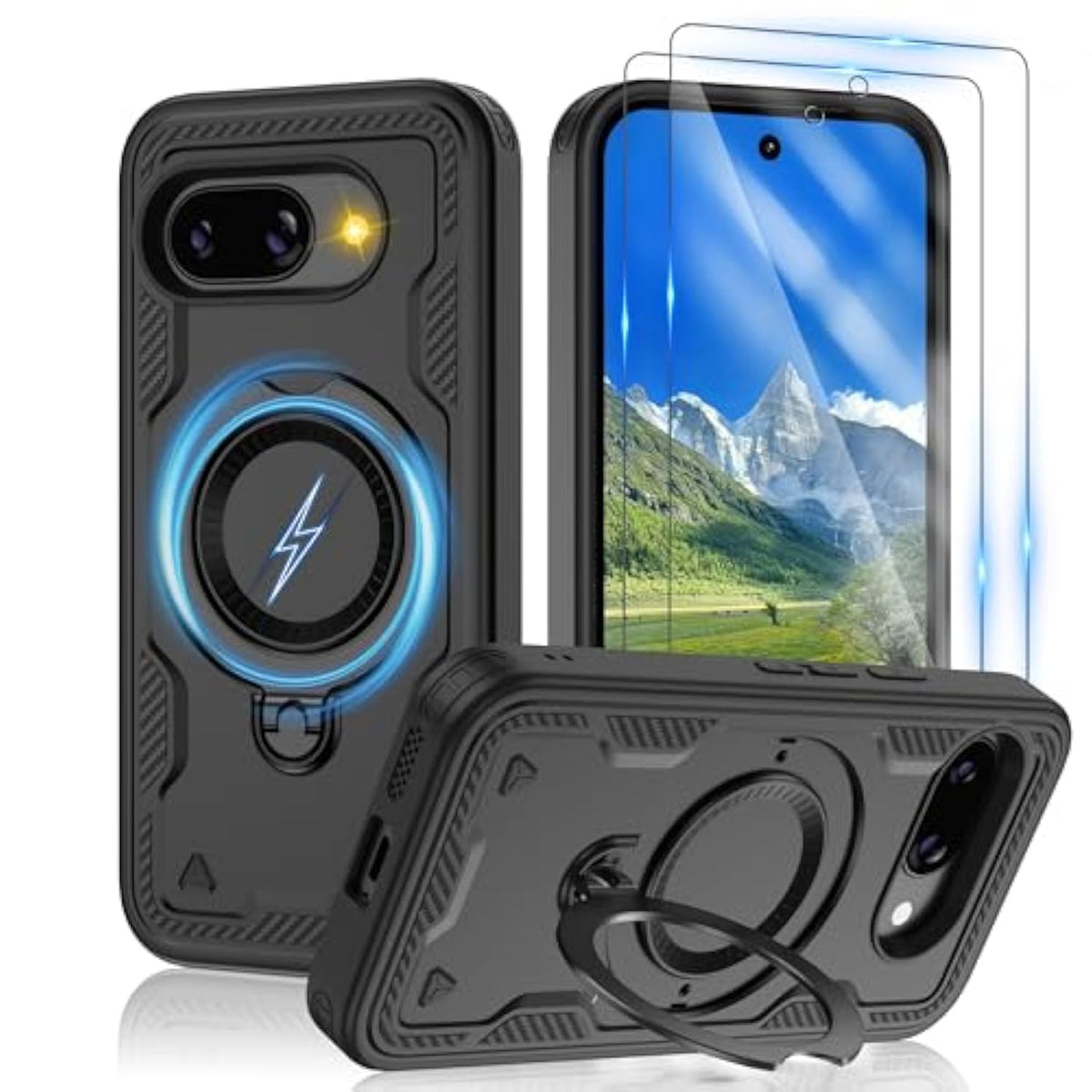 For Google Pixel-9A Case:Compatible With Magsafe & [Hd Screen Protector×2],Metal Rotated Kickstand,Military Grade Drop Proof Anti-Fingerprint Protective Case For Pixel 9A,Black