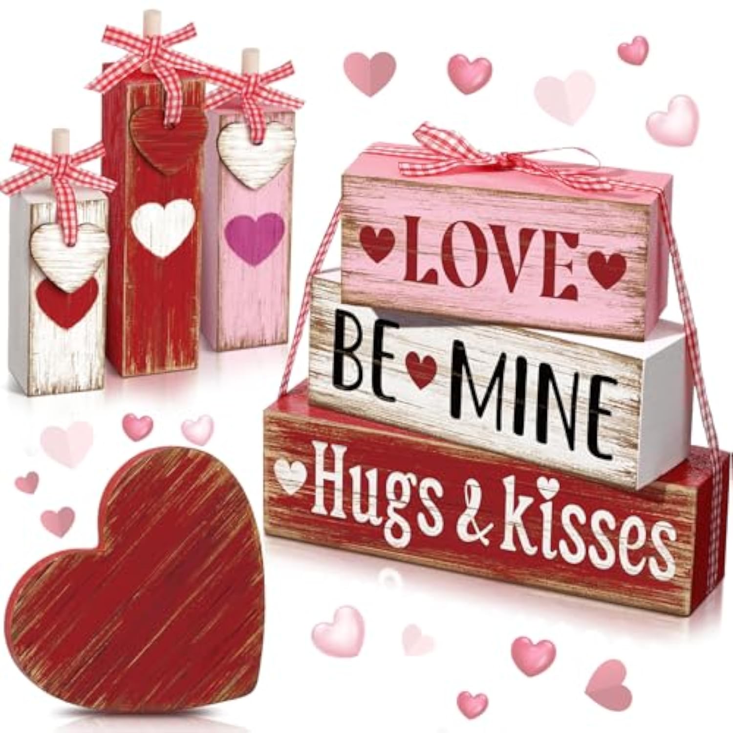 7 Pcs Valentine'S Day Table Decorations Valentine Tiered Tray Decor Valentine Day Centerpiece Red White And Pink Wooden Heart Block Sign With Bows Valentines Decor For Home Kitchen Mantel