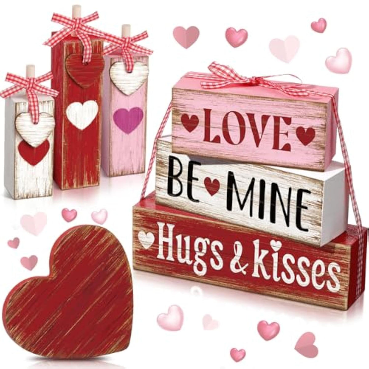 7 Pcs Valentine'S Day Table Decorations Valentine Tiered Tray Decor Valentine Day Centerpiece Red White And Pink Wooden Heart Block Sign With Bows Valentines Decor For Home Kitchen Mantel