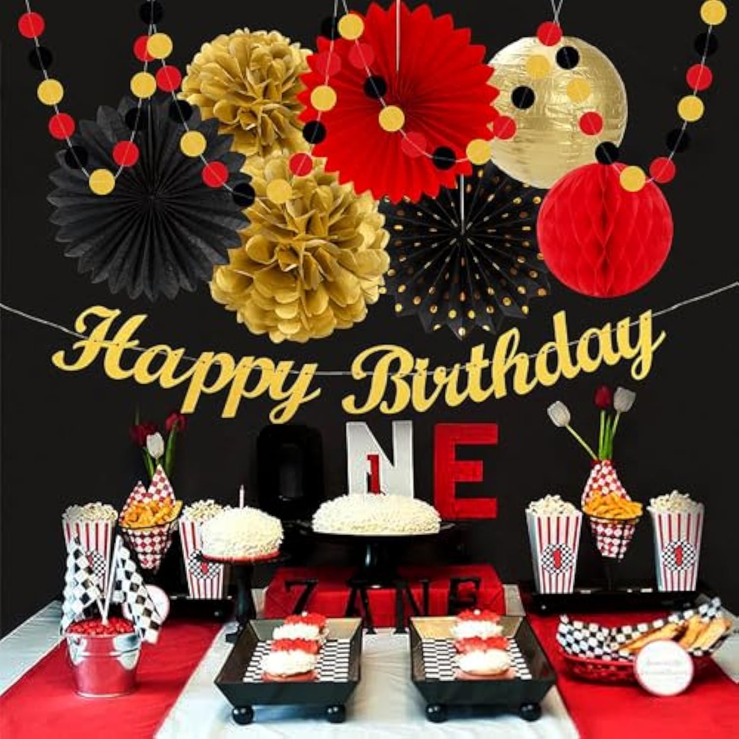 Red-Black Gold Casino-Theme Birthday Party-Decorations - 21Pcs Happy Banner,Game Night Paper Lanterns,Tissue Pom Poms Flower Fan,Honeycomb Ball,Swirl Streamers Garland Supplies Women Men Decor