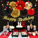 Red-Black Gold Casino-Theme Birthday Party-Decorations - 21Pcs Happy Banner,Game Night Paper Lanterns,Tissue Pom Poms Flower Fan,Honeycomb Ball,Swirl Streamers Garland Supplies Women Men Decor