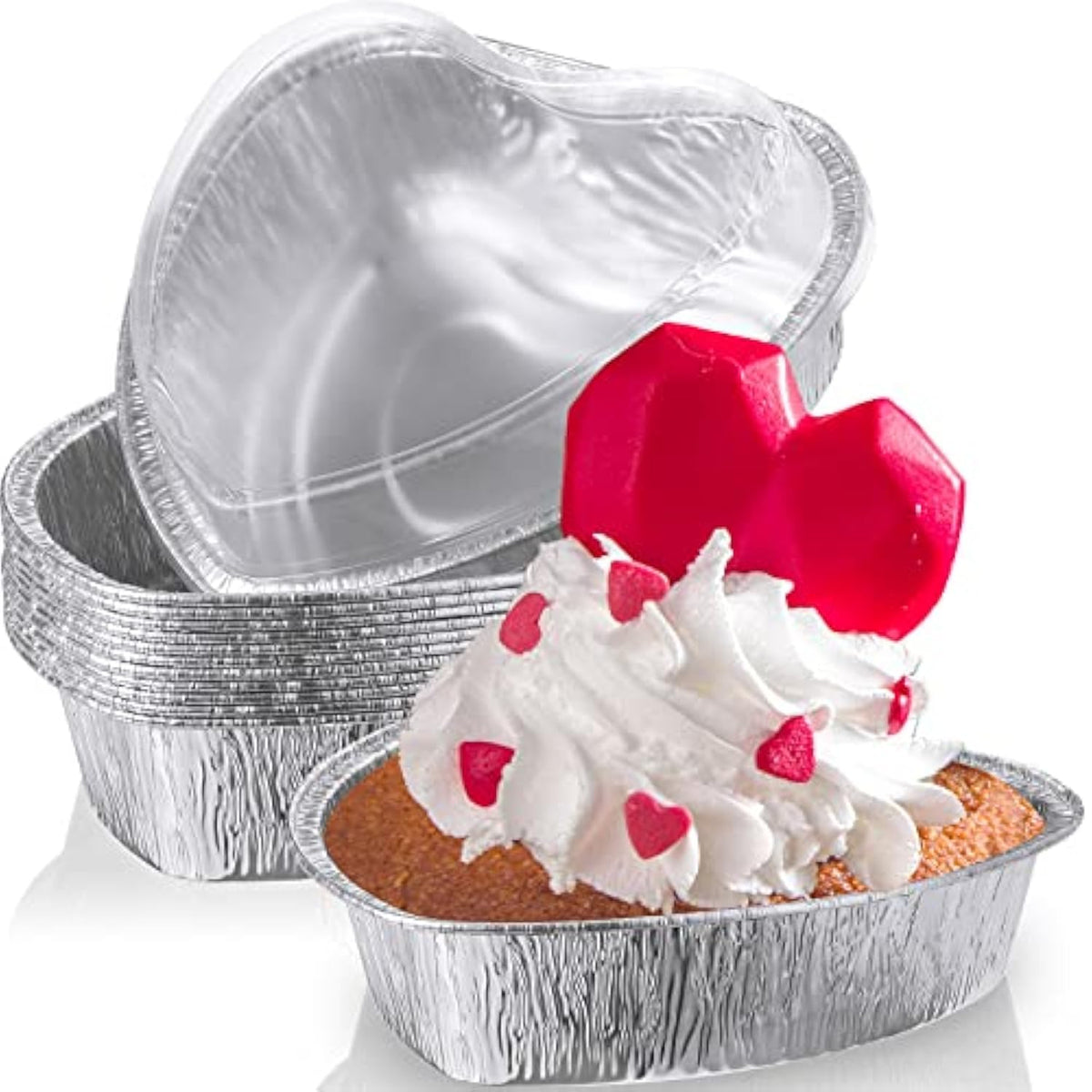 12 Pcs Valentines Day Heart Shaped Cake Pan With Lid Aluminum Foil Disposable Cupcake Baking Pan Heart Food Packing Muffin Tin Liner Pudding Cooking Cup For Mother'S Day Wedding (7.4 Inch)
