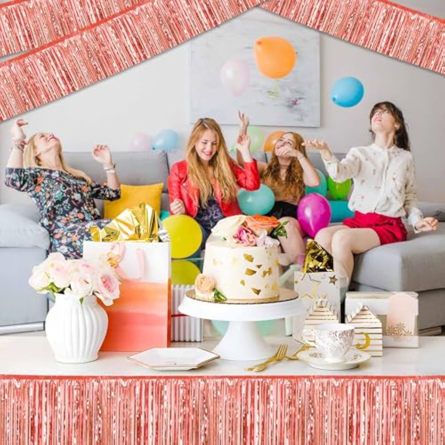 4 Pack 10 Ft Rose Gold Foil Fringe Garland Metallic Streamers Tinsel Banner Wall Hanging Garland Backdrop For Parade Floats, Halloween, Christmas, Thanksgiving, New Year Party Decorations