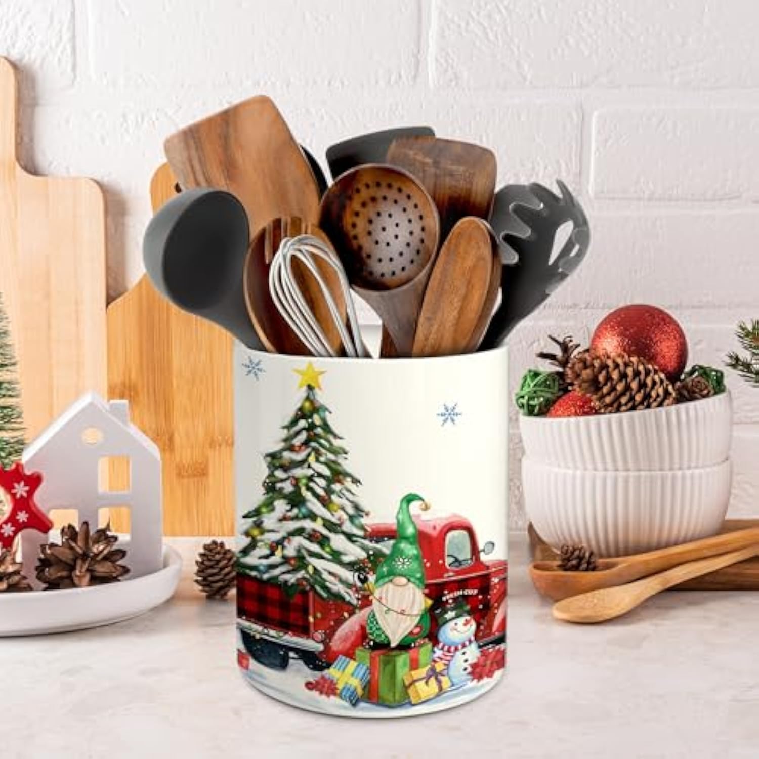 Christmas Kitchen Decor Ceramic Utensil Holder, Cute Christmas Gnome Truck Utensils Holder, Xmas Ceramic Utensils Crock For Rustic Farmhouse Indoor Kitchen Decorations(6.3 Inches)