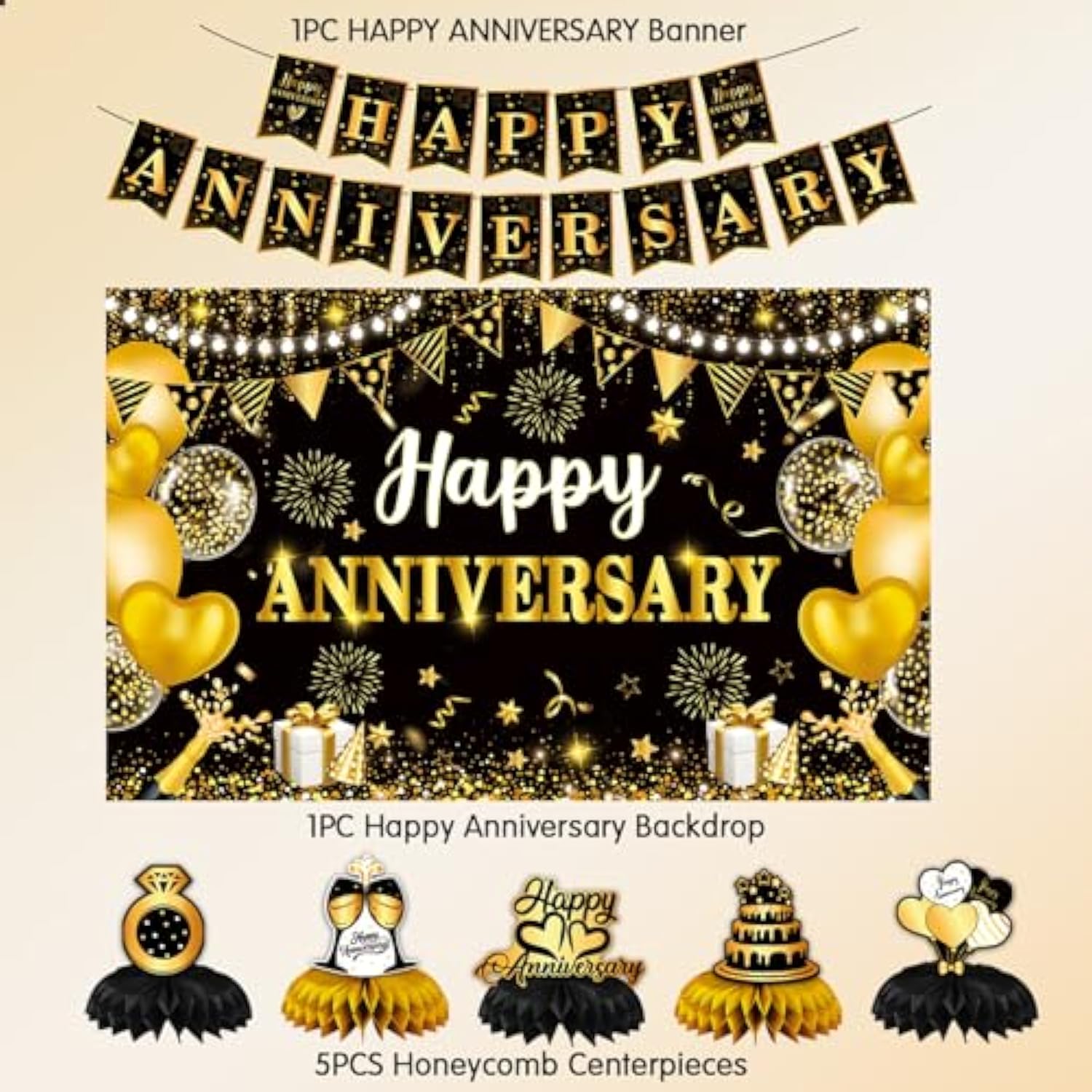 Happy Anniversary Decorations, Black And Gold Wedding Happy Anniversary Party Supplies - Happy Anniversary Banner,Backdrop 5.9 X 3.6Ft With 5Pcs Honeycomb Centerpiece Decor