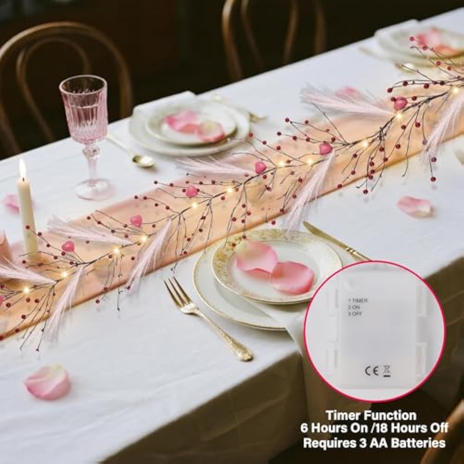 Valentines Garland, 6 Ft Lighted Garlands For Mantle With Heart Lights Pink Feather Red Berry, Pre-Lit Valentine Decorations For Fireplace Indoor Outdoor Home Table Party Wedding